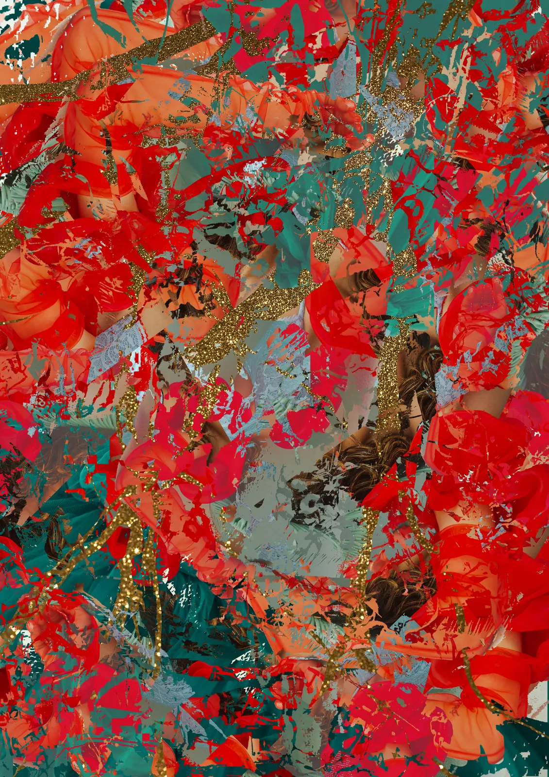 Behesht e Souzan: red and orange petals over teal and grey, with threads of gold.