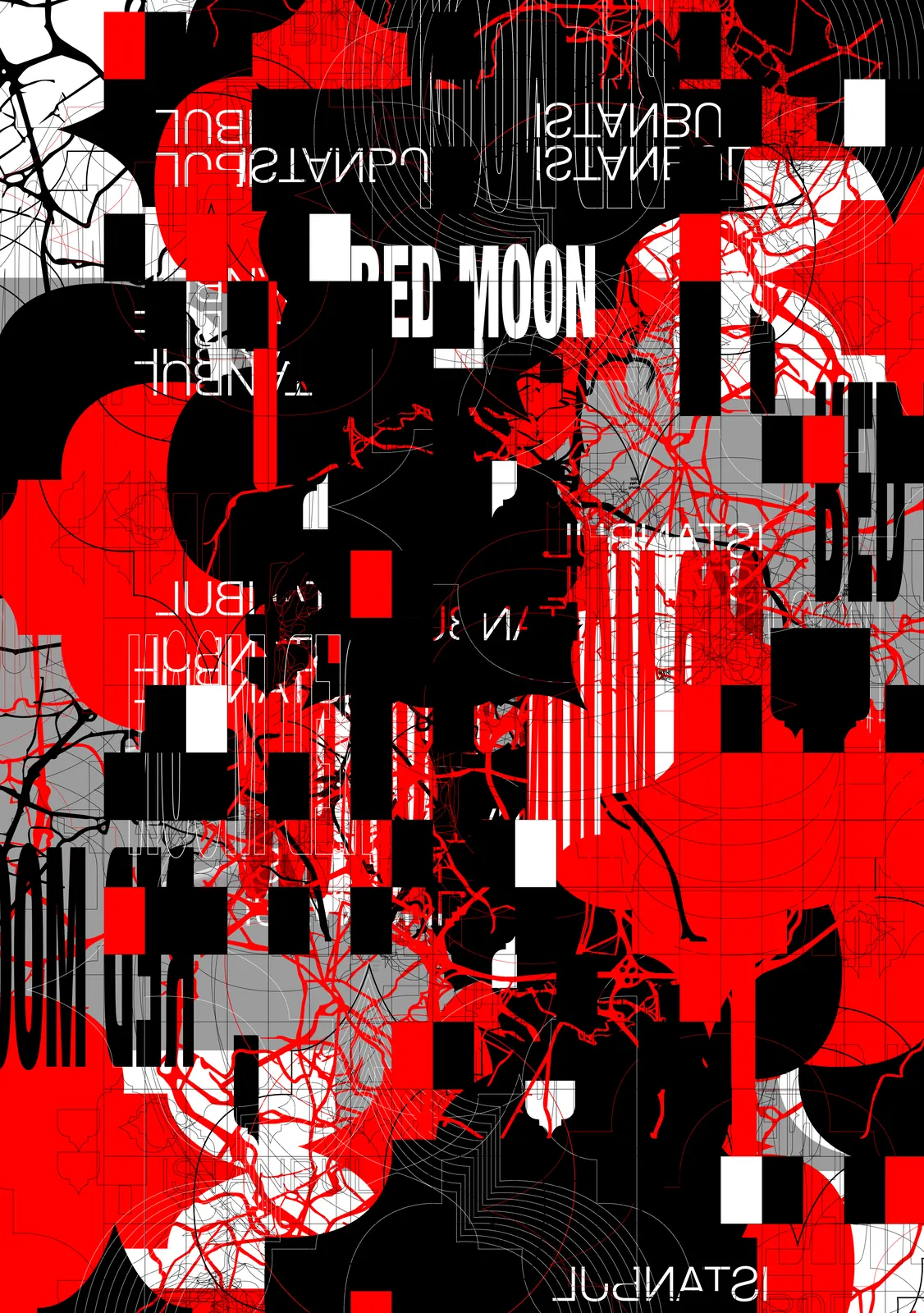 Red Moon: a poster of red, black and white blocks, the words Red Moon repeated and mirrored across it.