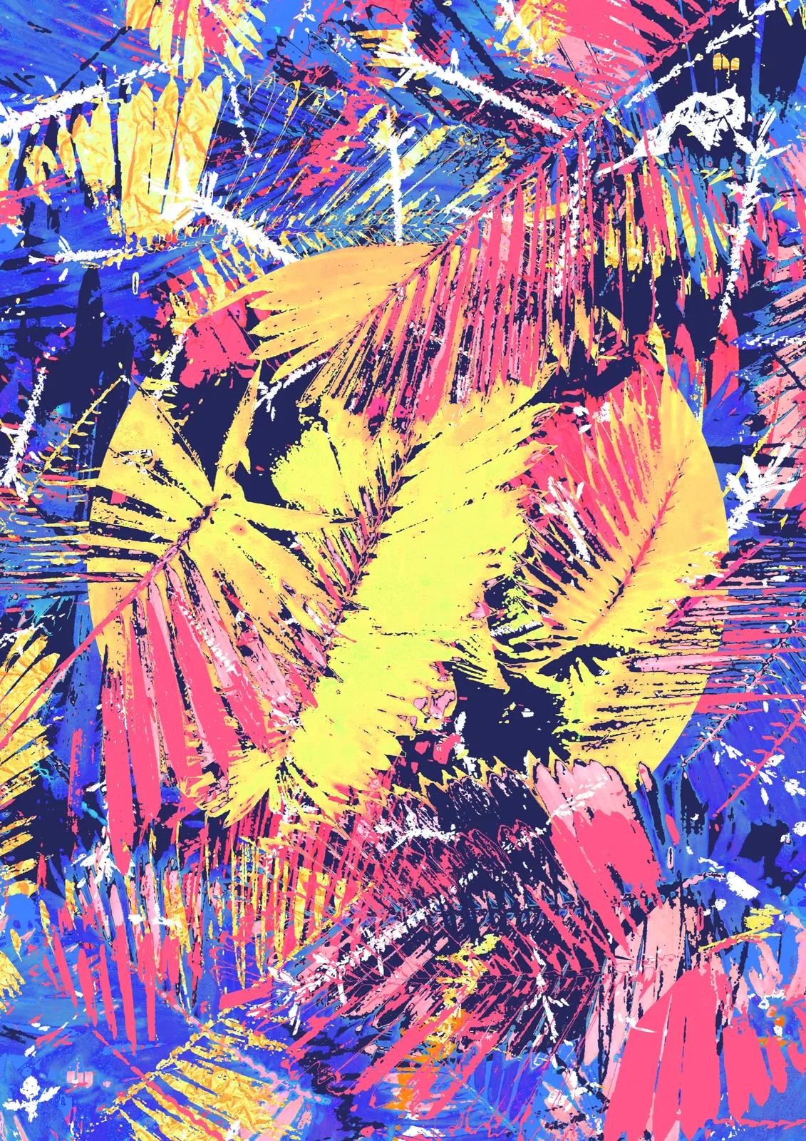 Summer: yellow, magenta and blue palm leaves stacked in bright, clashing layers.