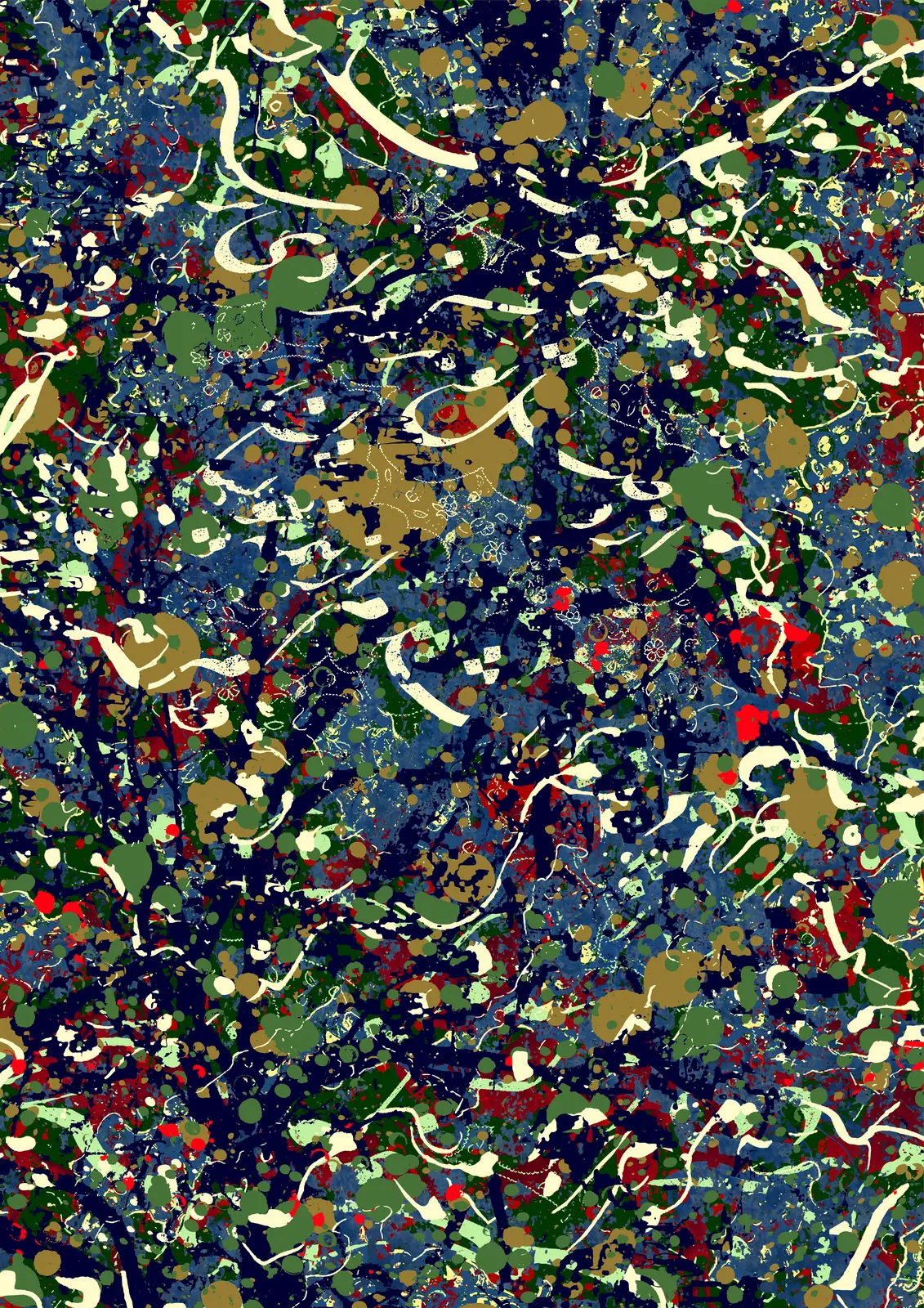 Vasl: navy, olive and cream fragments with calligraphy strokes running through them.