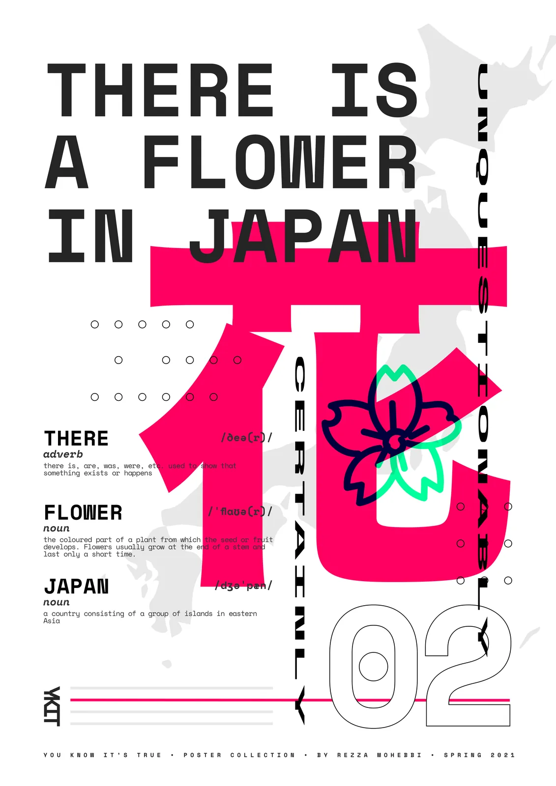 A poster from the series You Know It's True!: There Is a Flower in Japan in black type on white, with a large red character for flower and a small dictionary of the words.