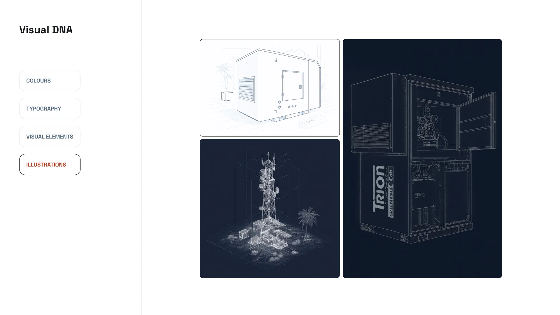 From the IPT Blueprint design system: technical line drawings of a container, a tower and a cabinet, white on navy.