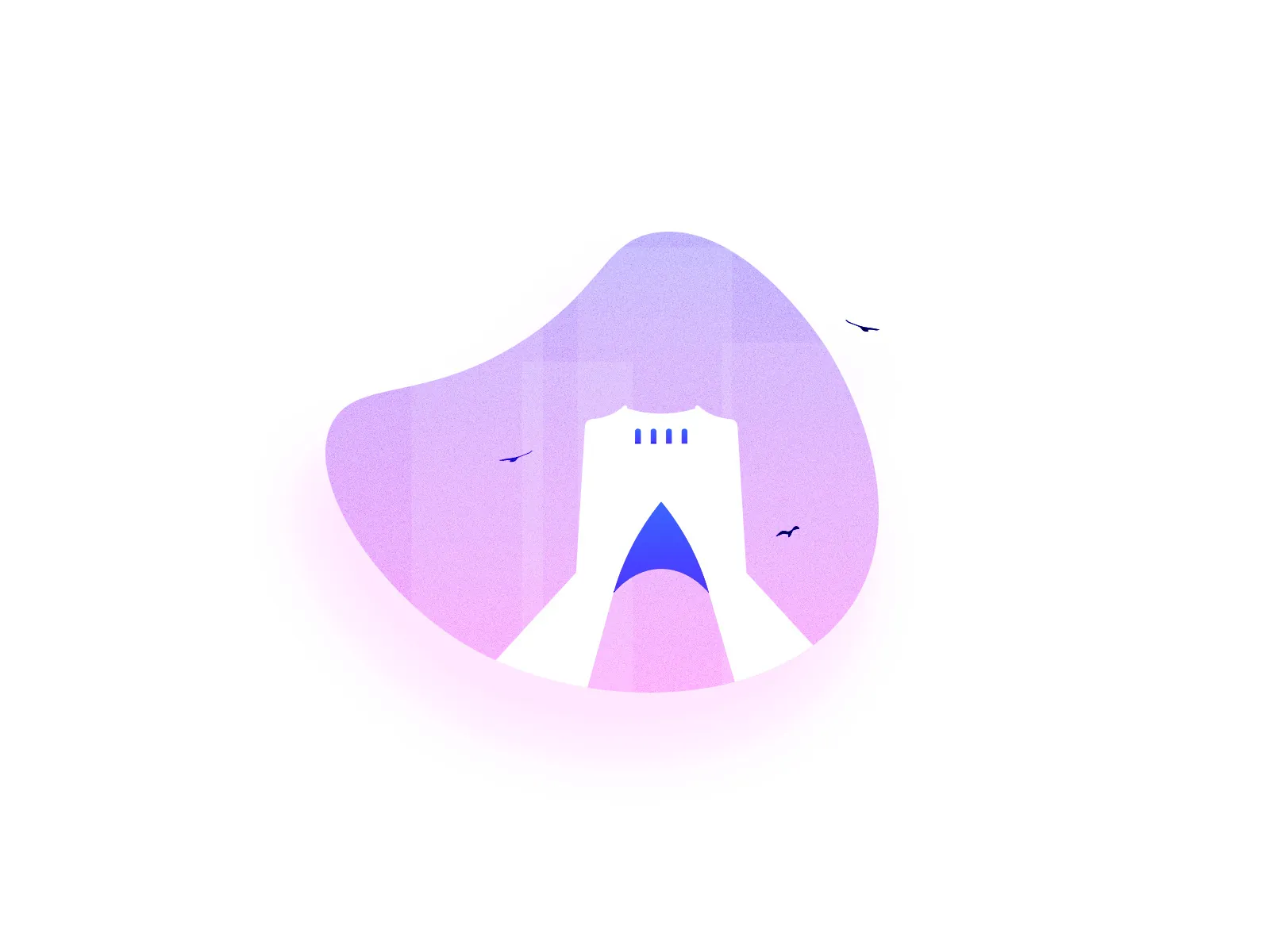 A small illustration of Azadi Tower in pale violet inside a soft rounded shape, with two birds.