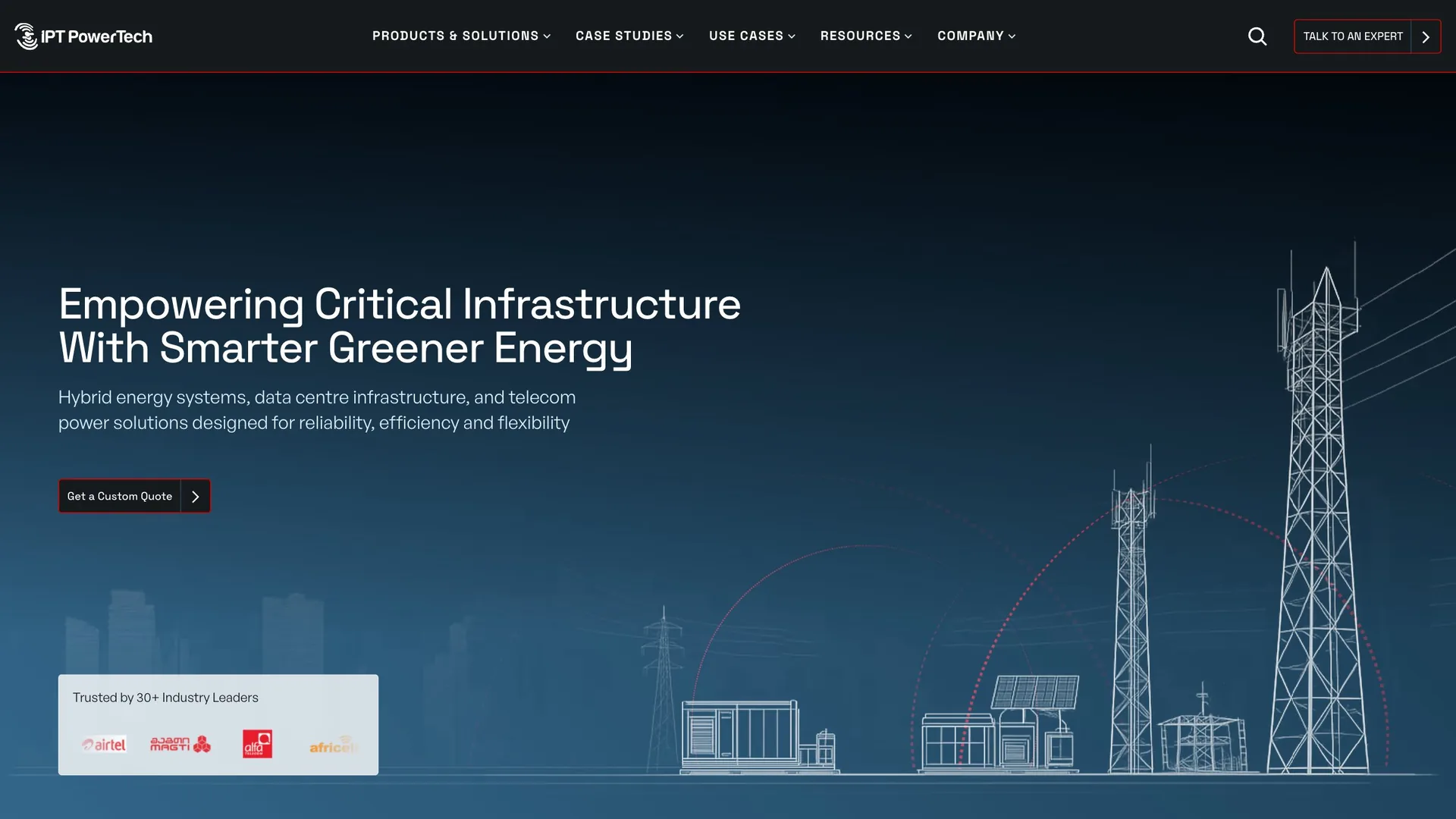 The IPT PowerTech home page: Empowering Critical Infrastructure With Smarter Greener Energy, over a blue sky with a line-drawn pylon and container.