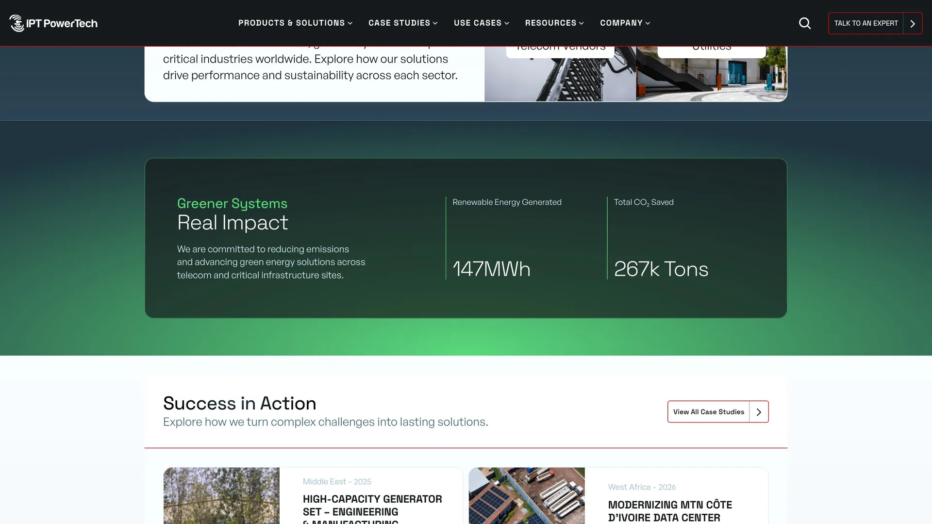 A section of the IPT PowerTech website: Greener Systems, Real Impact, with figures in megawatt hours and tons, above case studies.