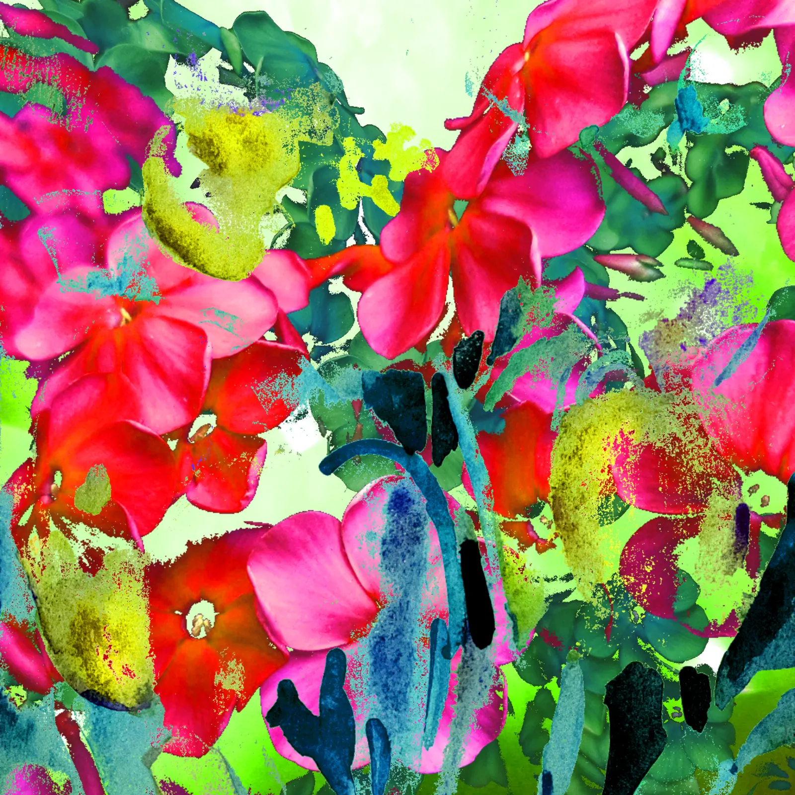 A study made in the Sayeh editor: pink, red and green flowers stacked into one dense square.