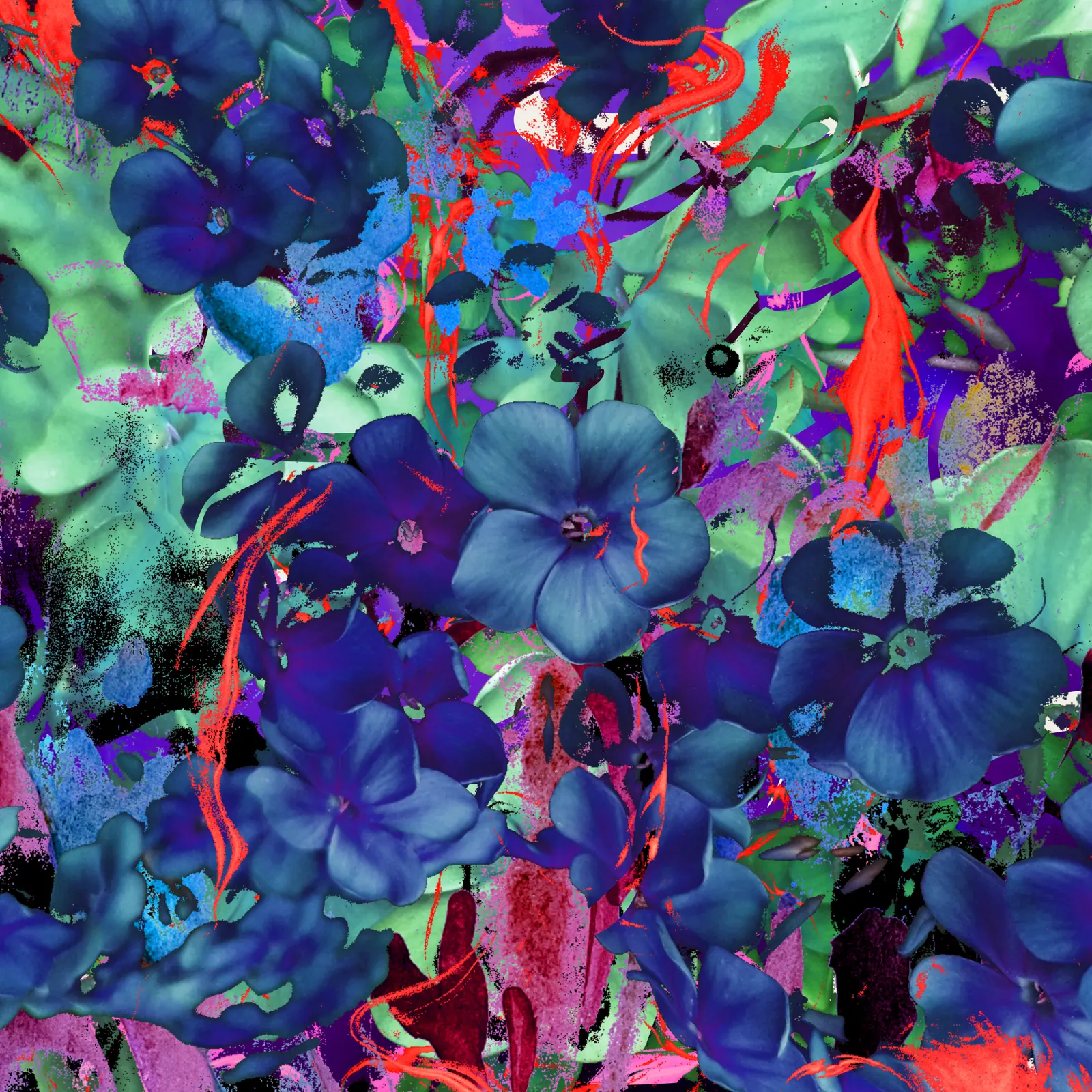 A study made in the Sayeh editor: blue and violet flowers in a deep, cool stack.