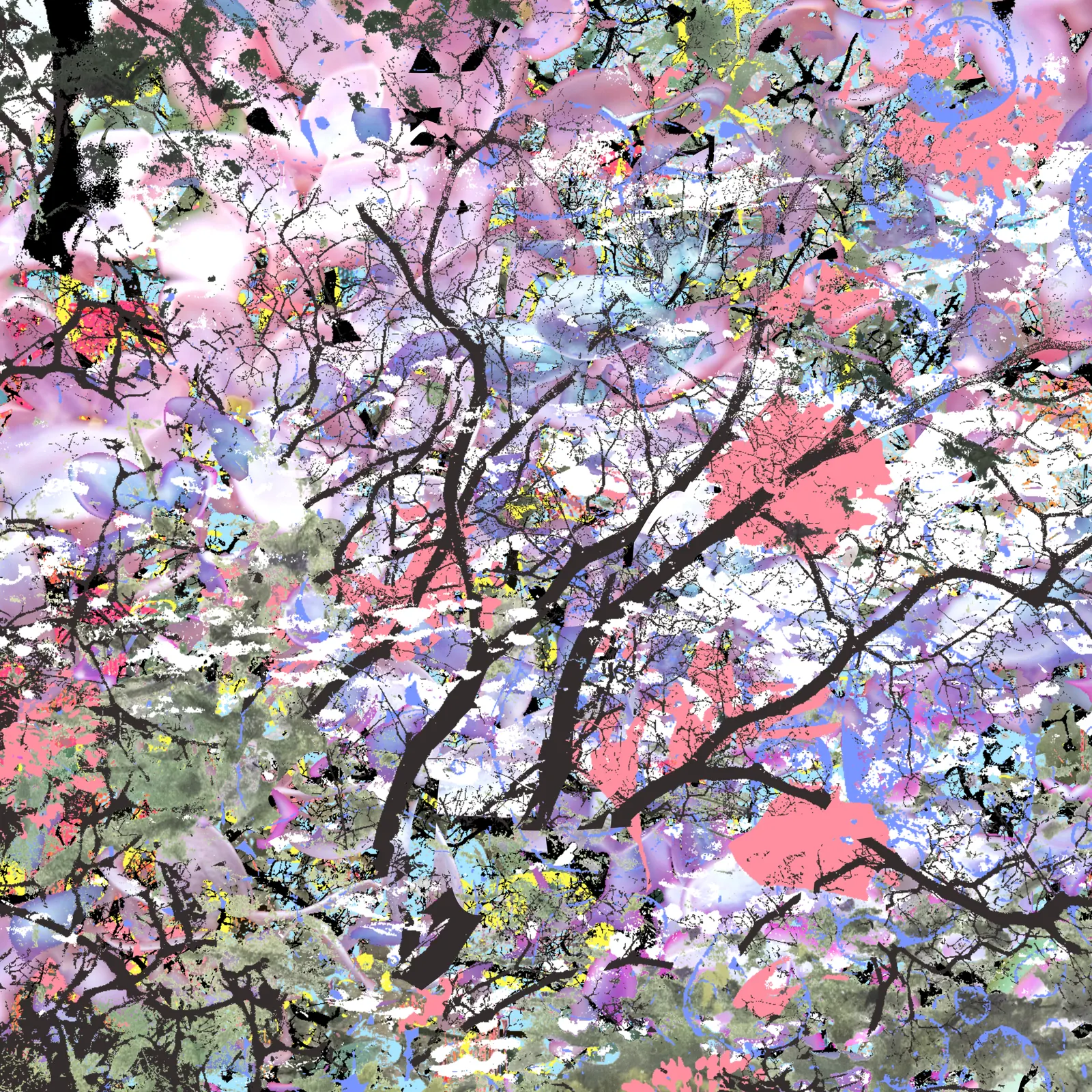 A study made in the Sayeh editor: lilac and white blossom over thin dark branches.