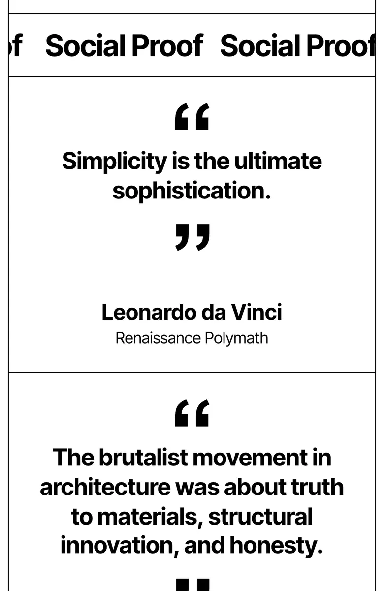 The quotes on a phone, one cell each, under the Social Proof ticker.