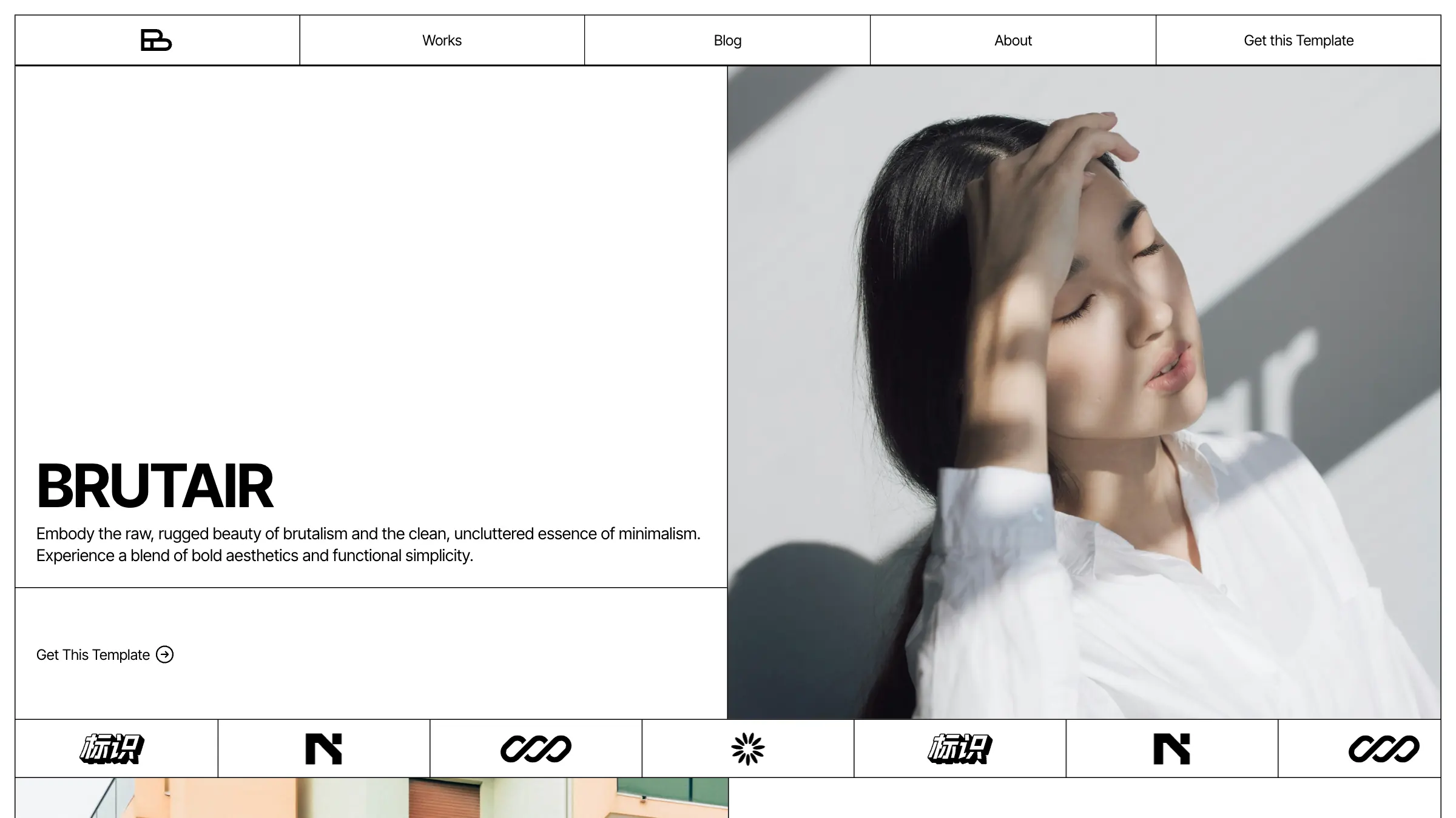 Brutair’s home page in light mode: BRUTAIR in heavy type beside a full-height photograph.