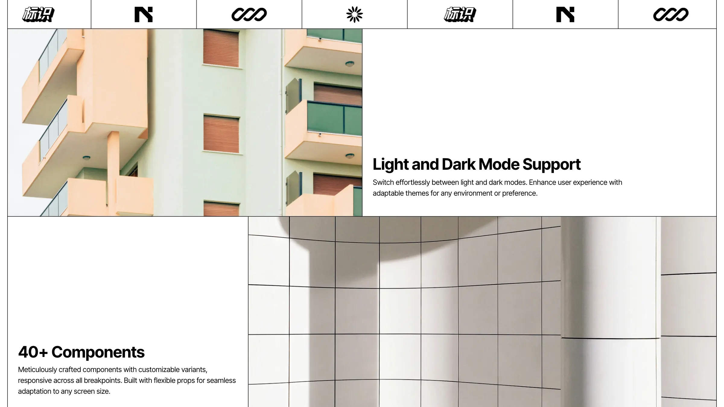 Two cells of the home page, light and dark mode support and more than forty components, each beside an architectural photograph.