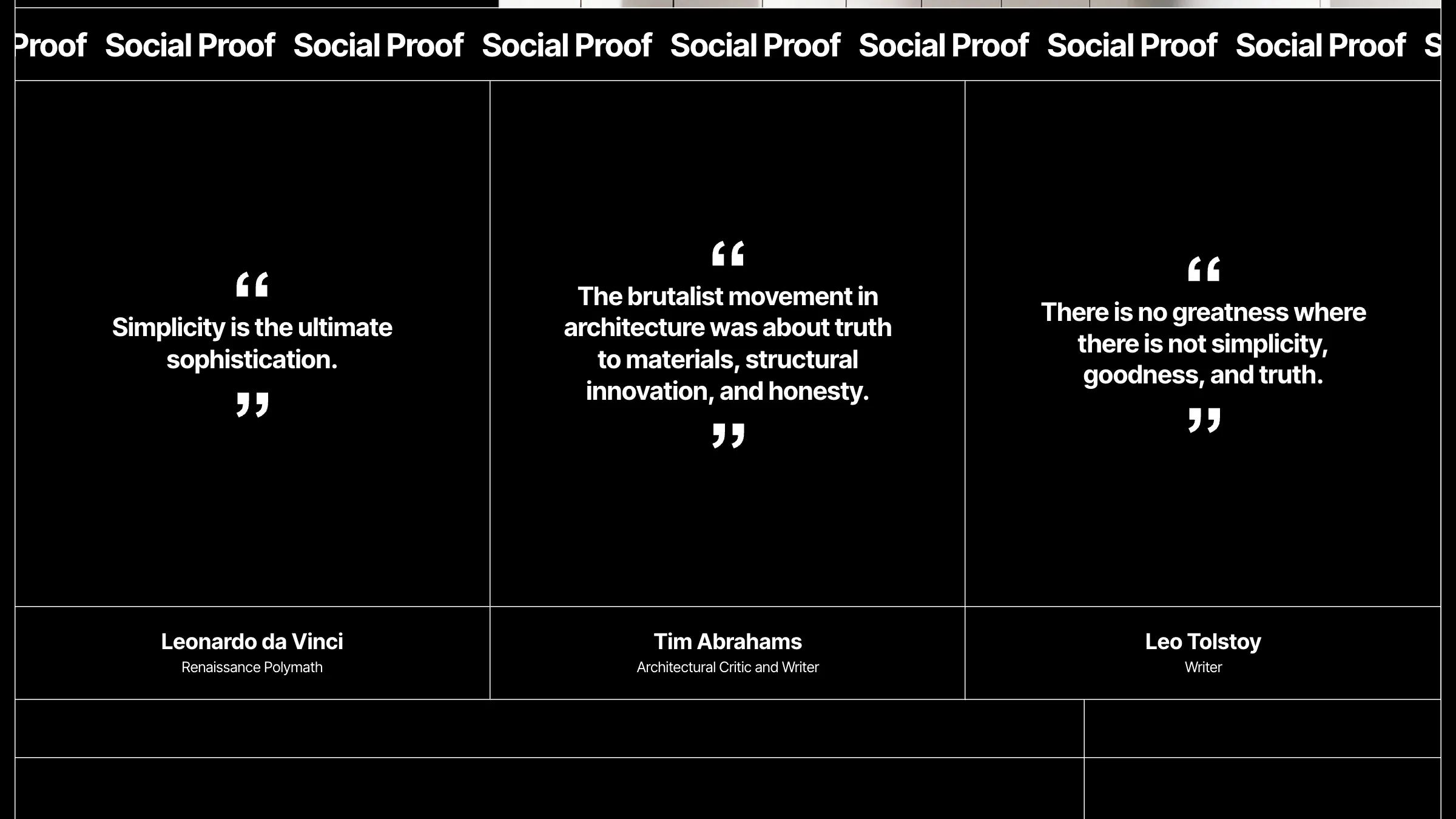 Three quotes in hairline cells under a moving Social Proof ticker, in dark mode.
