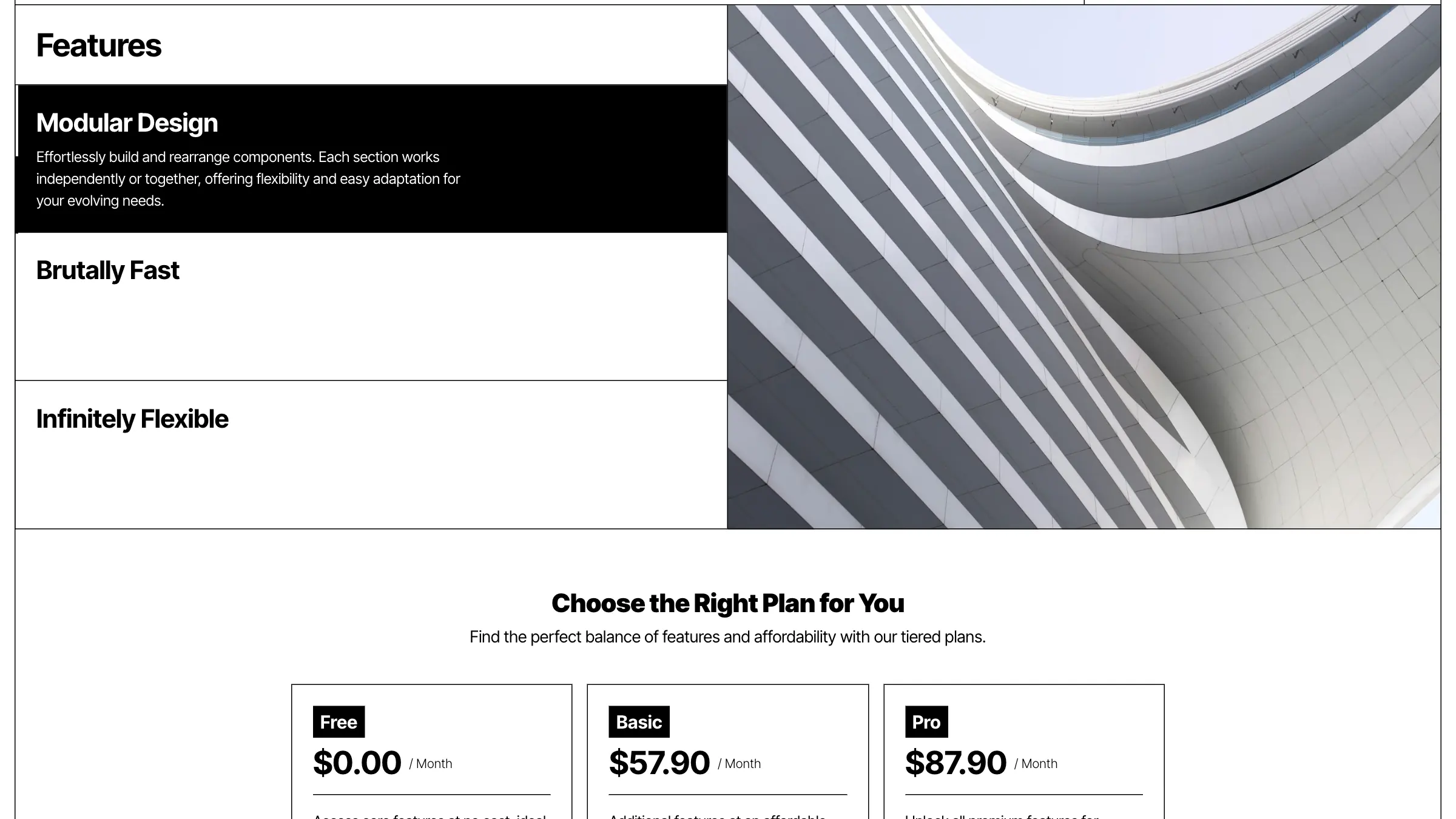 A features list with the active item in a black cell, beside an architectural photograph, above the pricing table.