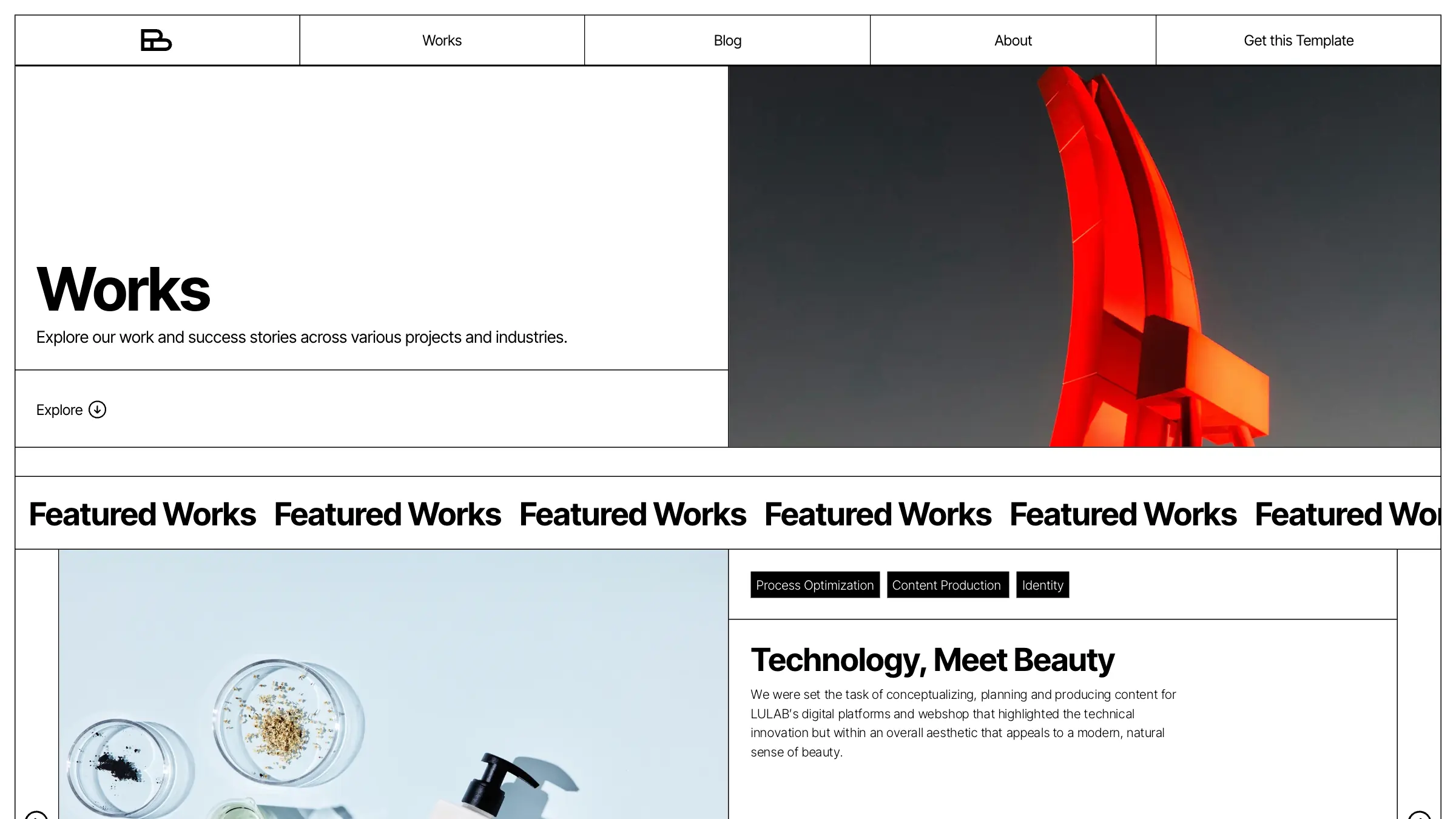 The works page: a heading cell beside a photograph of a red sculpture, then a ticker of featured works.