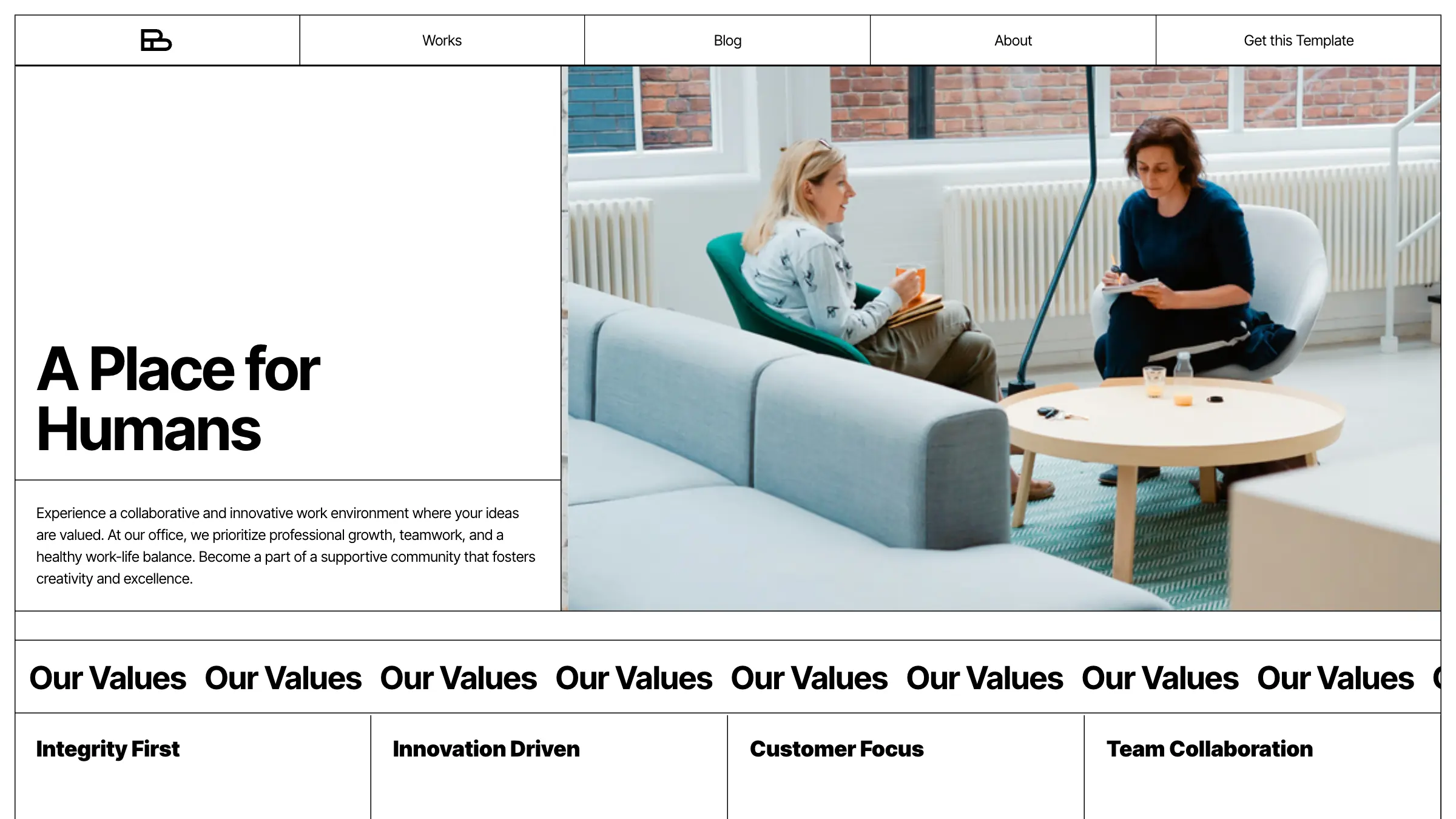 The about page: A Place for Humans beside an office photograph, then the values in a row of cells.