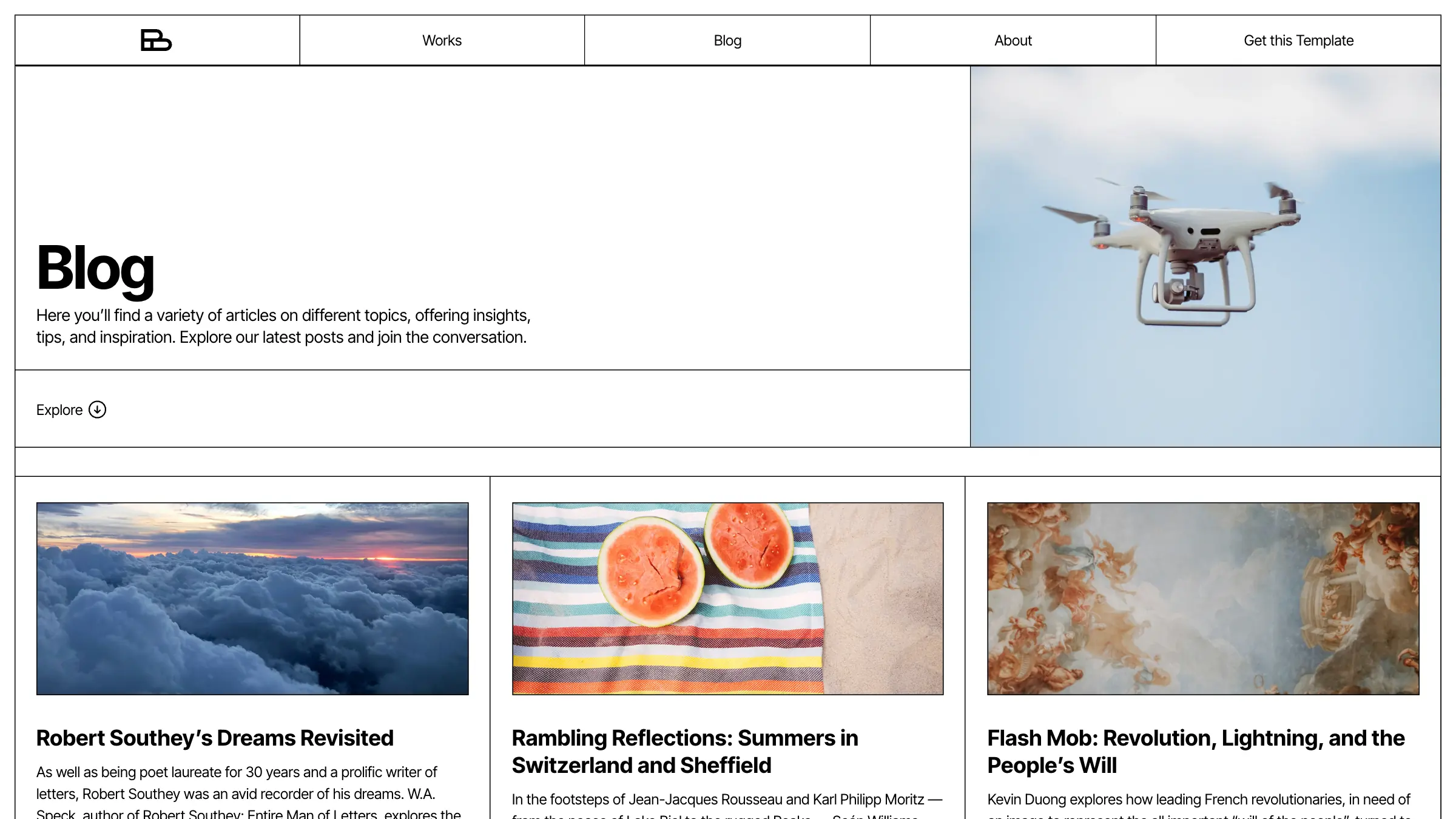 The blog page: a heading cell beside a photograph of a drone, then the articles in three columns.