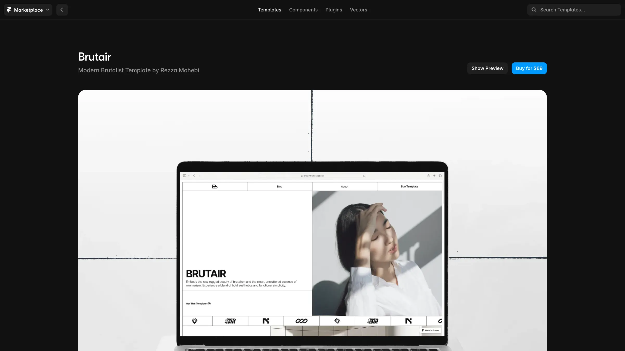 Brutair’s page on the Framer Marketplace: Modern Brutalist Template by Rezza Mohebi, with a preview on a laptop.