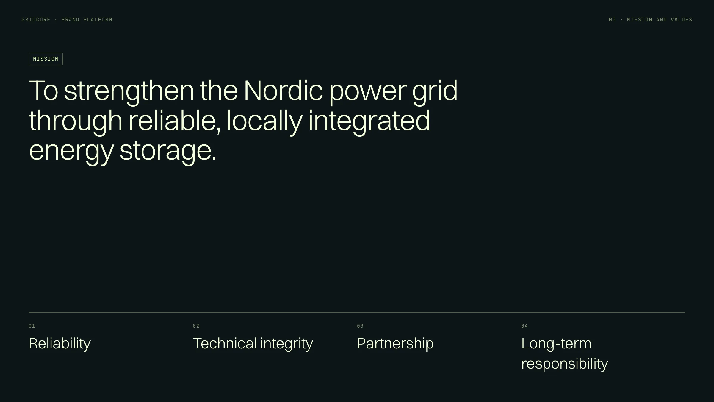 The brand platform: the mission, to strengthen the Nordic power grid through reliable, locally integrated energy storage, above the four values: reliability, technical integrity, partnership and long-term responsibility.