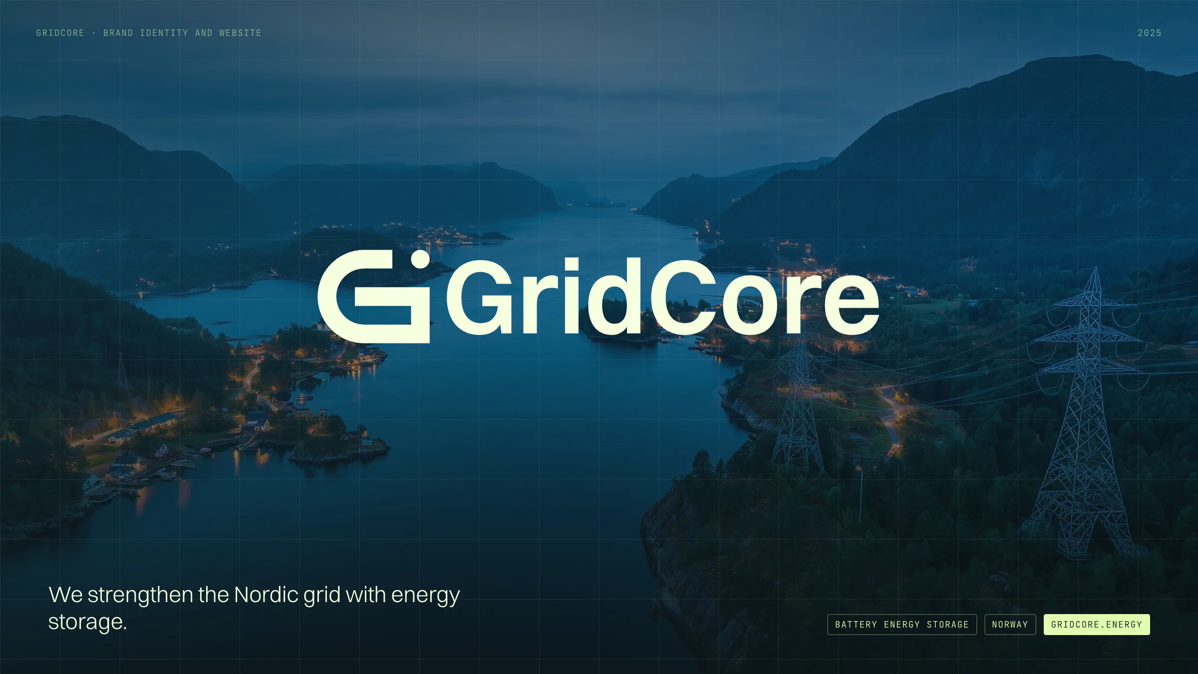 GridCore's key visual: the G mark and the name over a Norwegian fjord at dusk, with power lines and the lights of a village, under a fine hairline grid.