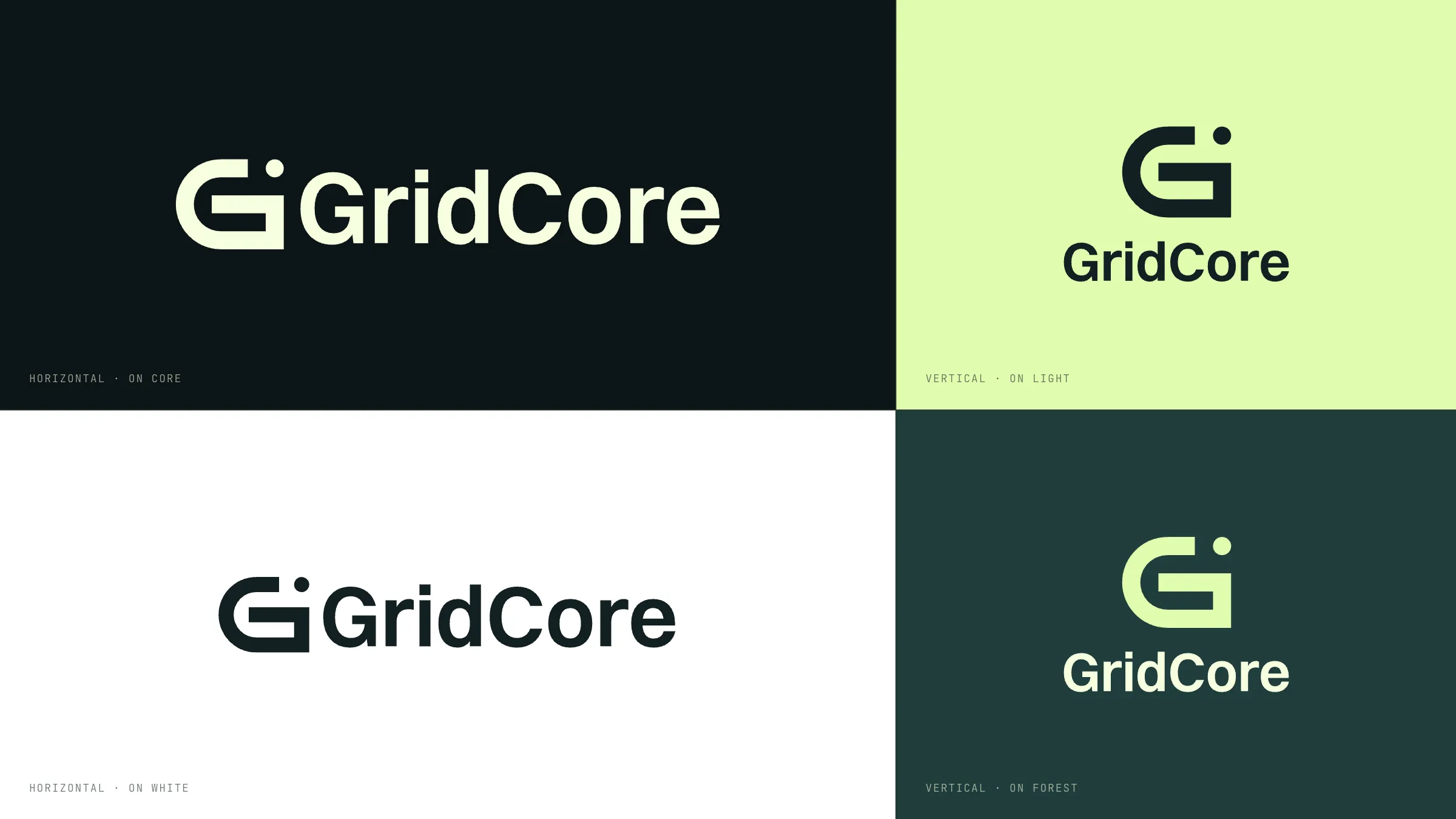 The horizontal and vertical lockups on four grounds: the darkest green, a pale lime, white and a forest green.