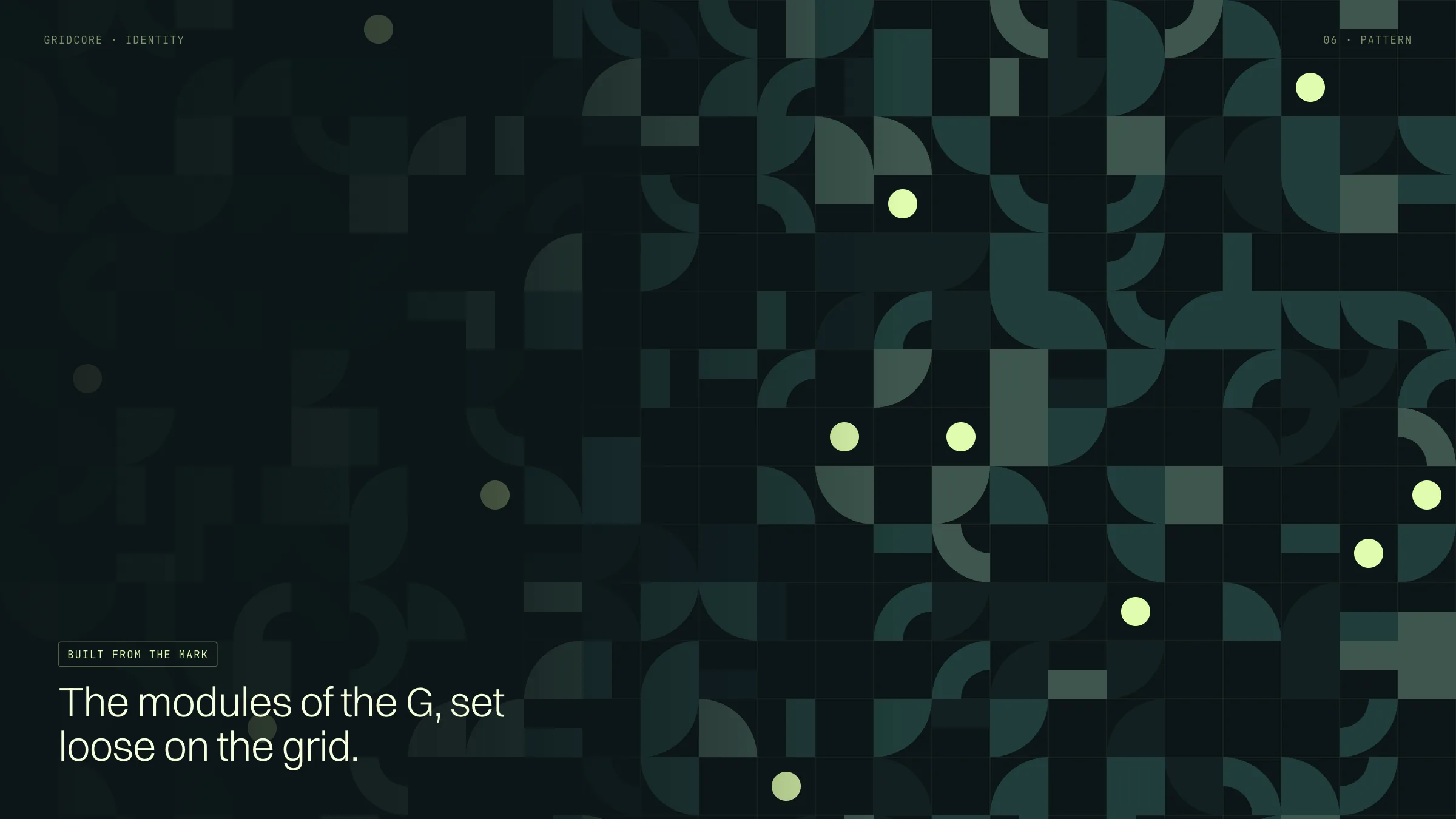A pattern made from the parts of the mark, quarter arcs, bars and squares, set on the grid in greens, with a few lime nodes.