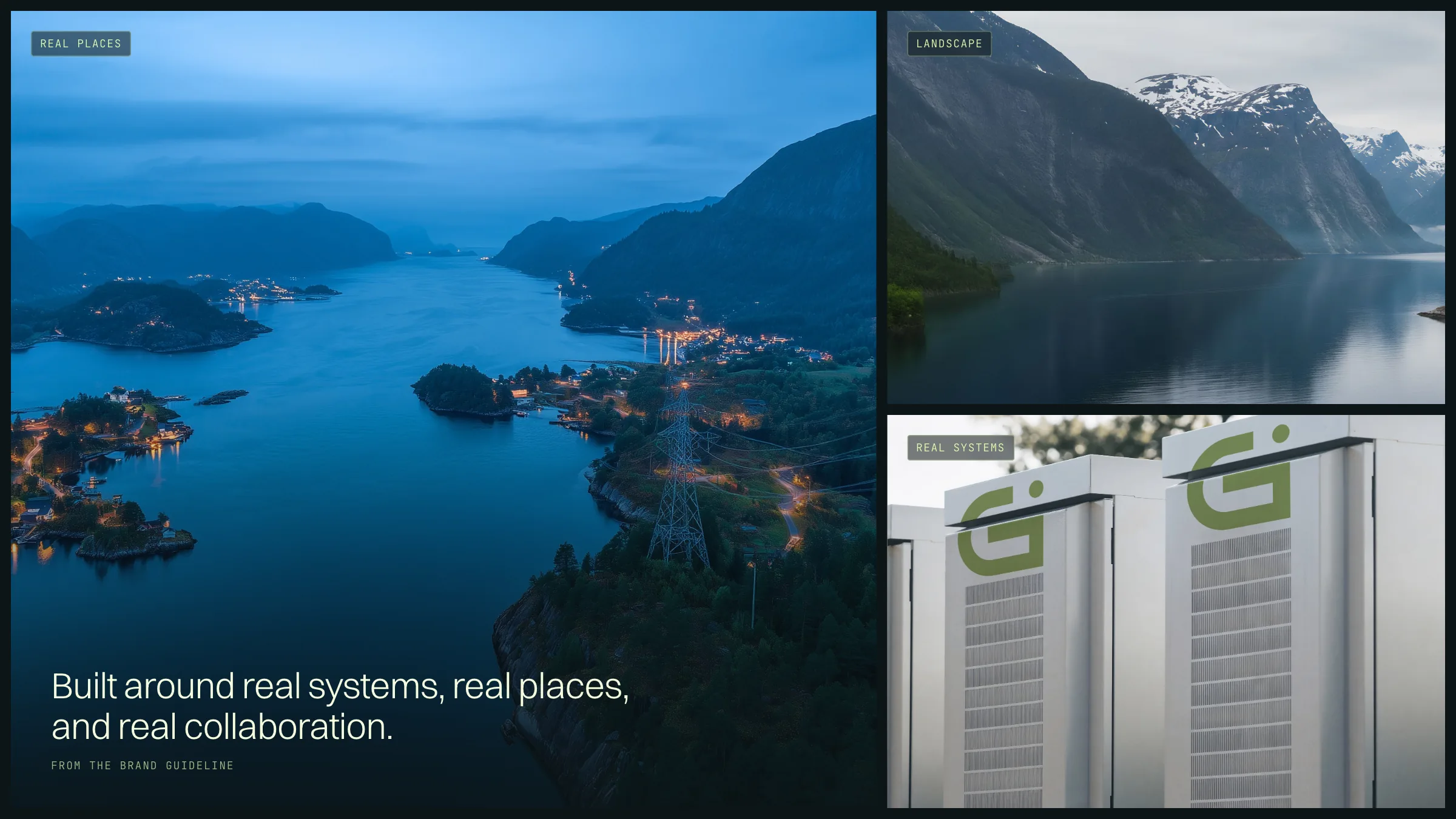 The photography: a fjord at dusk with power lines, a mountain lake, and GridCore cabinets on site.