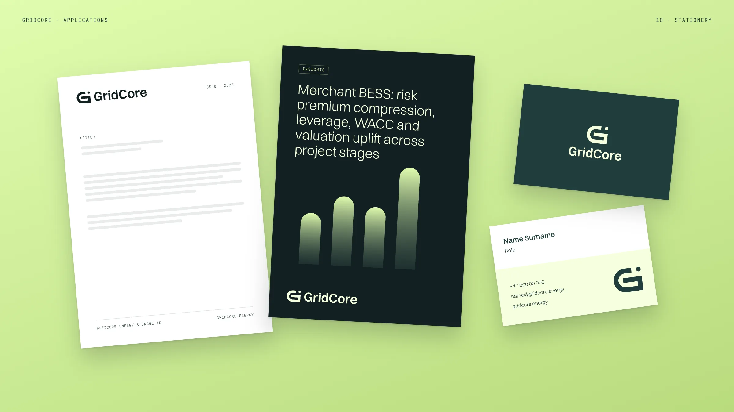 A letterhead, a report cover and both sides of a business card on a pale lime surface.