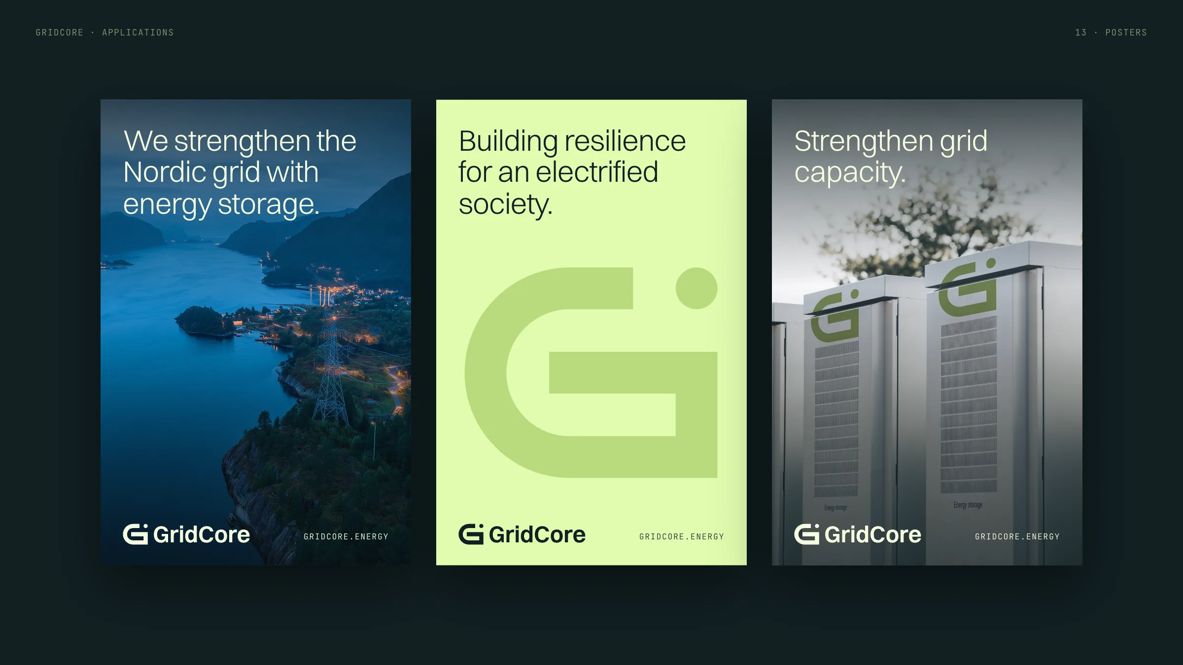 Three posters: a fjord at dusk, the mark large on pale lime, and cabinets on site, each with one line and the logo.