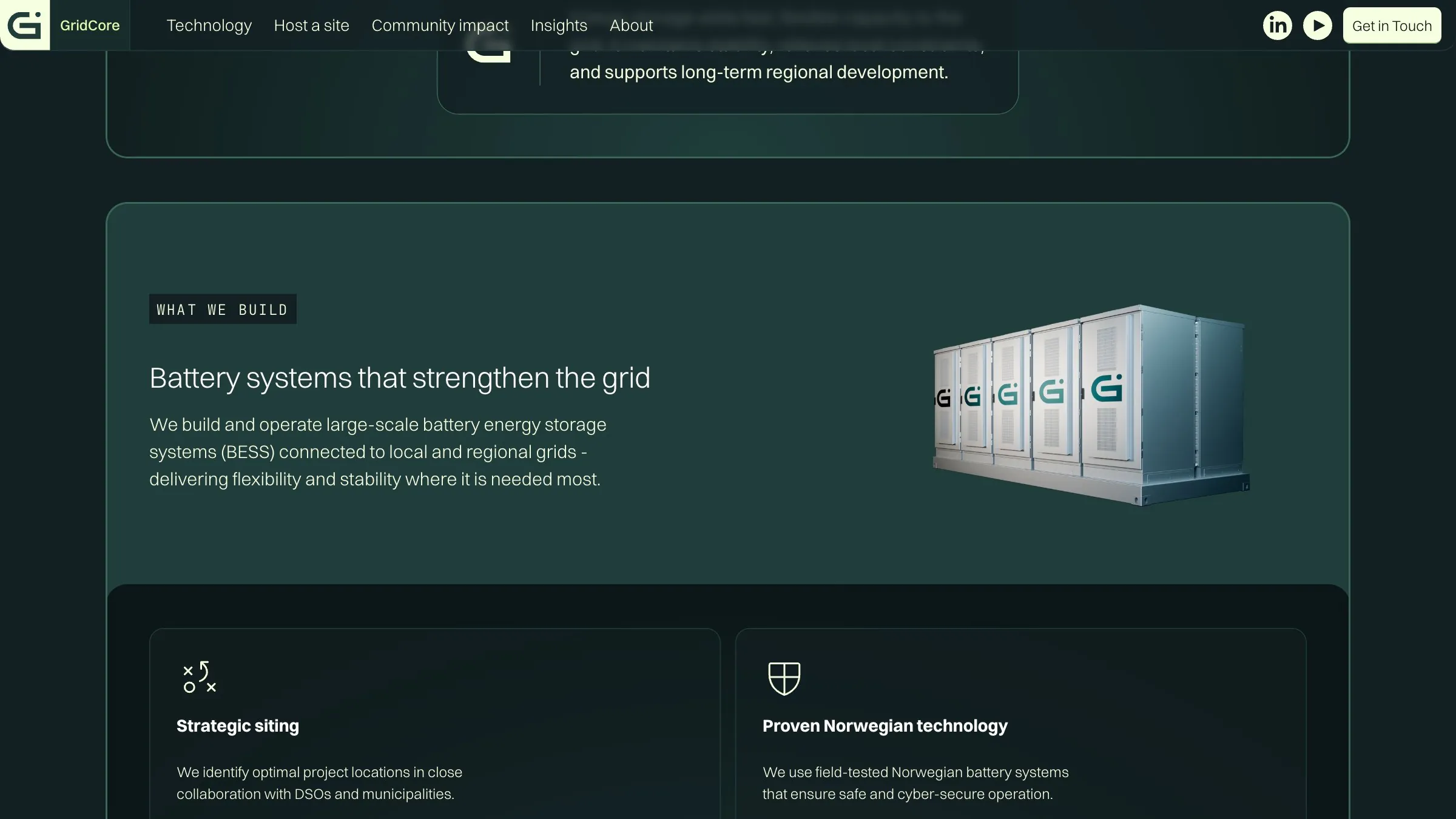What we build: Battery systems that strengthen the grid, beside a row of GridCore cabinets.