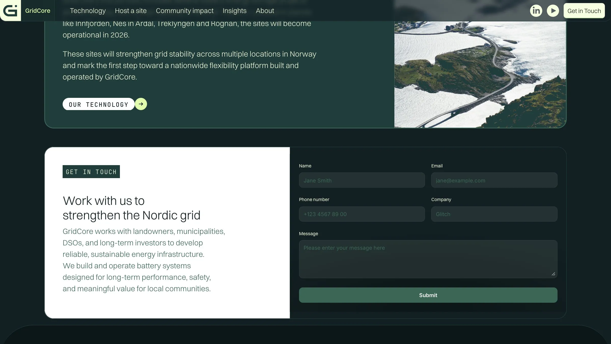 The projects section: battery energy storage across Norway, beside an aerial photograph of a coastline.