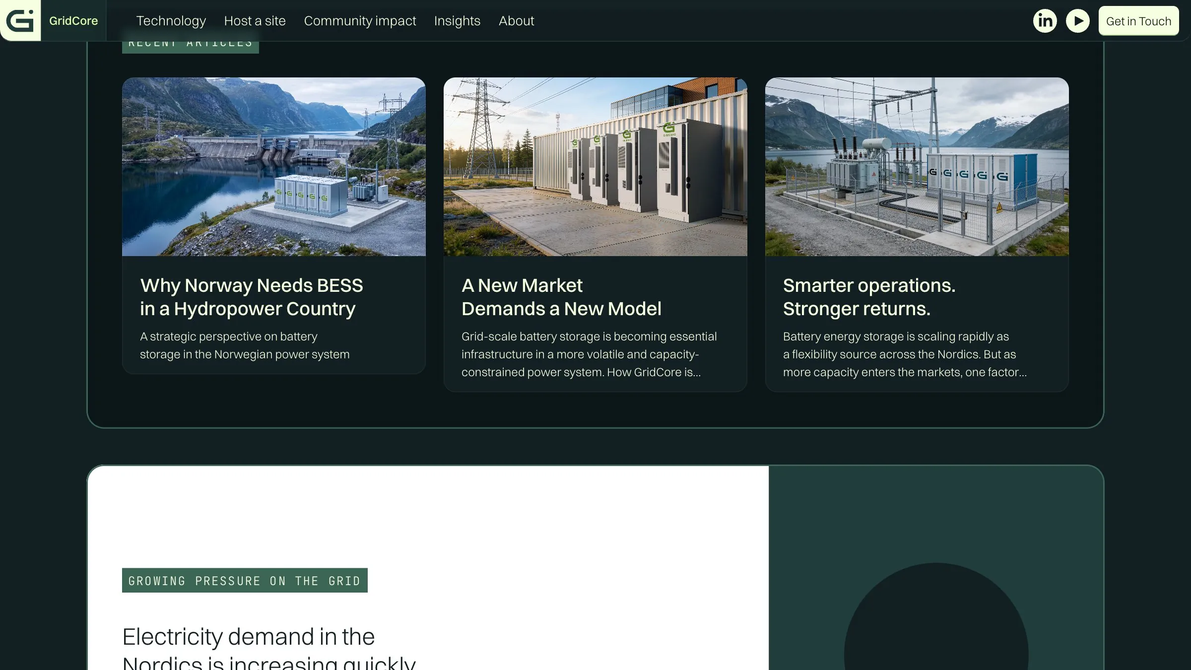 Articles on energy storage and grid stability, above a section on why electricity demand in the Nordics is rising.