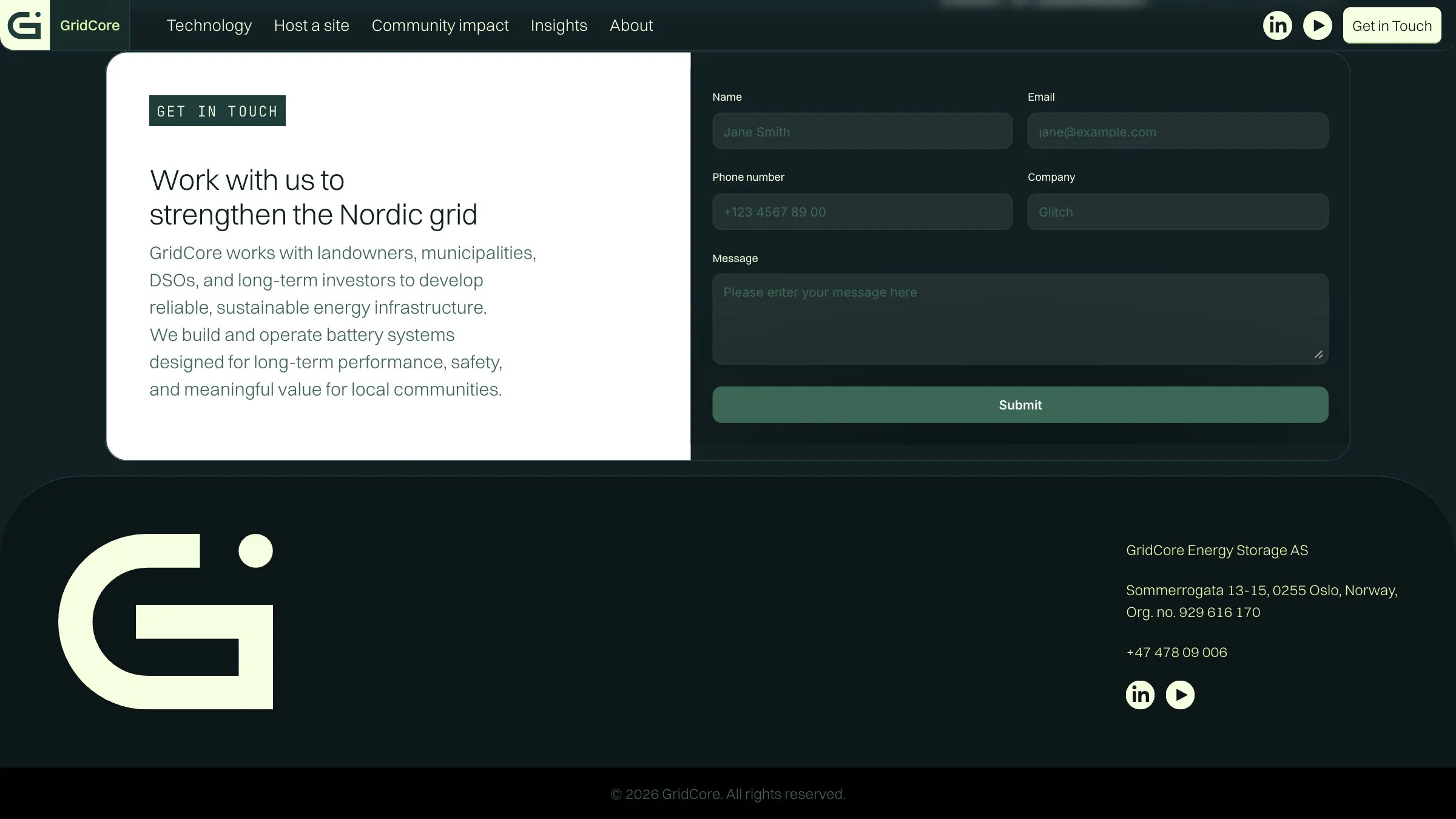 The contact section, Work with us to strengthen the Nordic grid, with a form, above a footer with the large G mark.