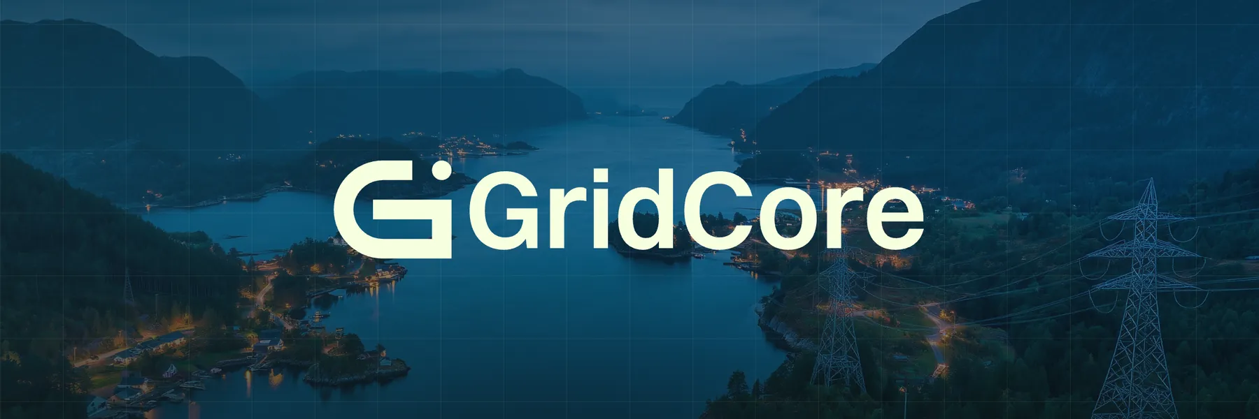 GridCore's key visual: the G mark and the name over a Norwegian fjord at dusk with power lines and village lights.