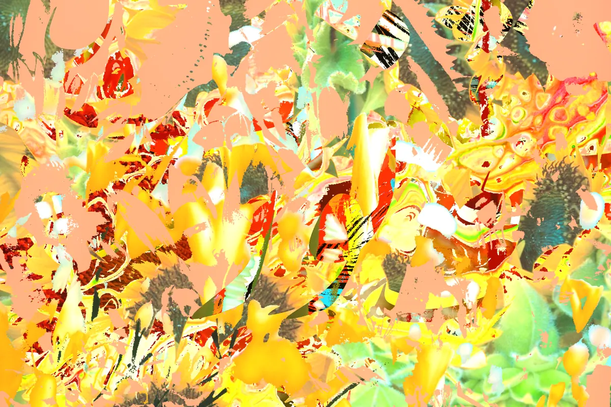 Noor, light, an artwork from Sayeh: a dense stack of yellow, orange and green fragments with pale shapes cut through it.
