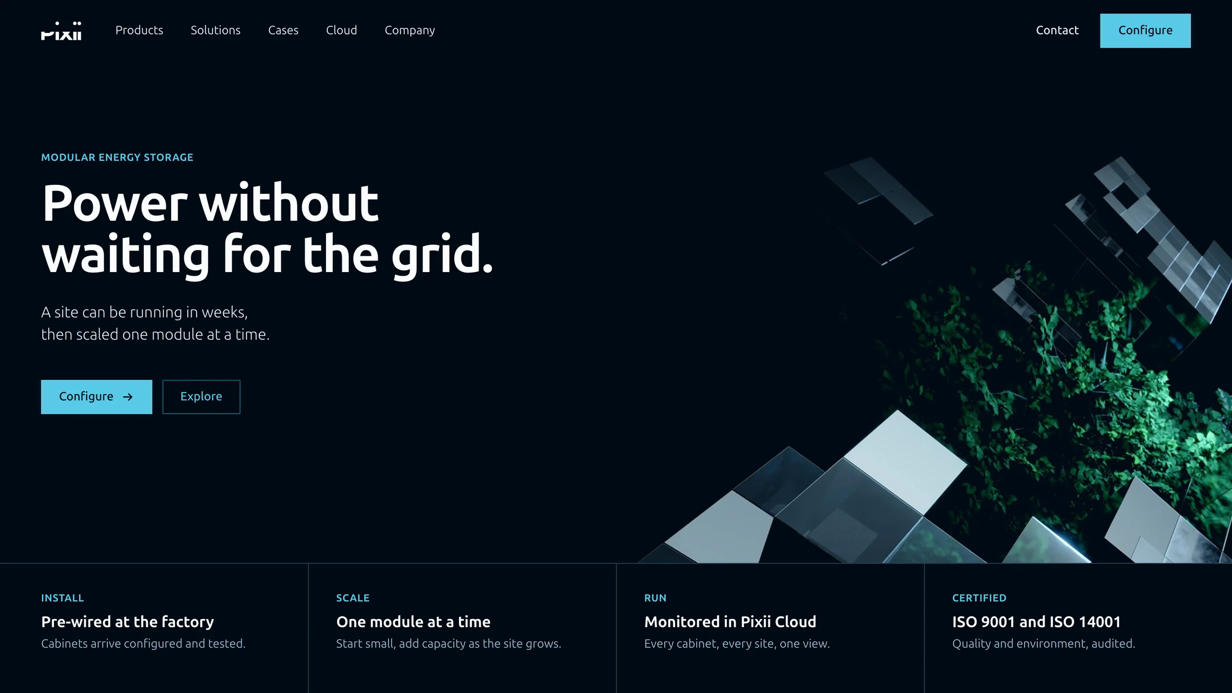A landing page concept on Pixii black: Power without waiting for the grid, beside the brand's cube key visual, with four facts below.
