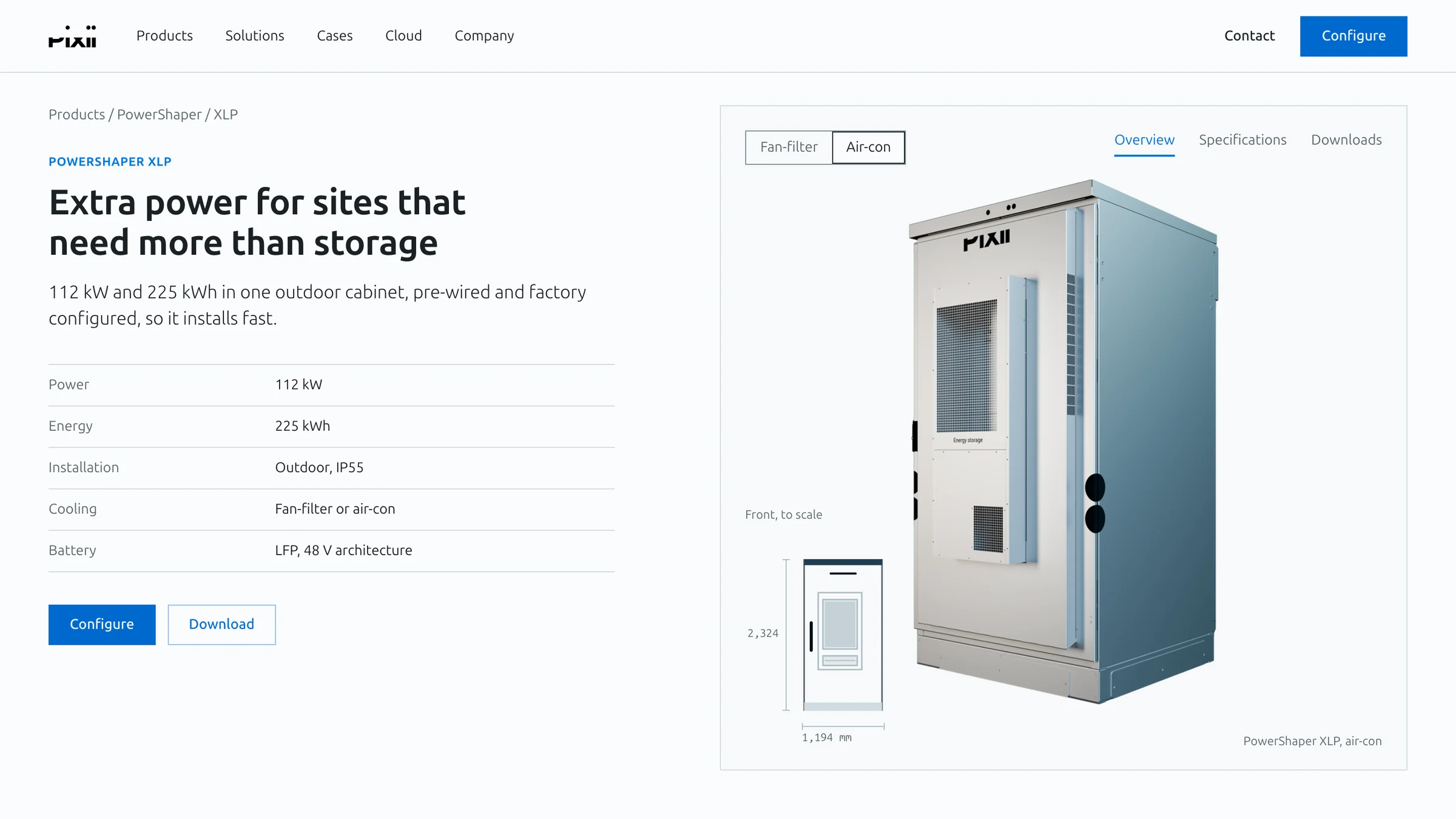 A product page concept for PowerShaper XLP on a light page: the specifications, the cabinet render and a front elevation drawn to scale with its dimensions.