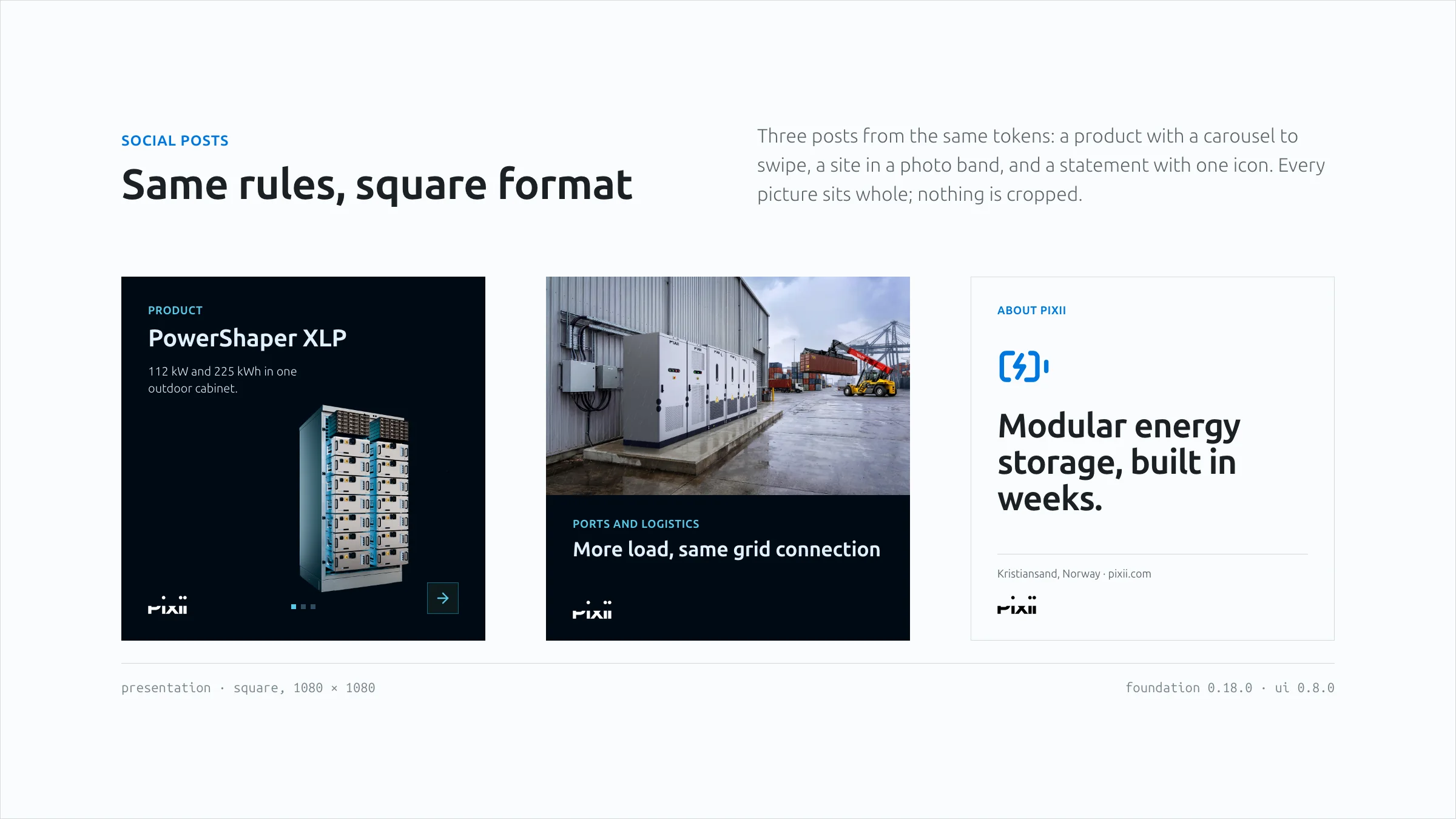 Three square social posts: a product on Pixii black, a port photo with a black band, and a type-only post on Pixii white.