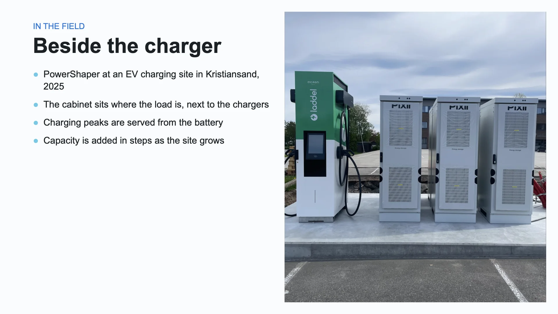 A light slide: Beside the charger, a paragraph and three bullets beside a photograph of a PowerBase EV at a Circle K station in Norway, in a box shaped to the photo.