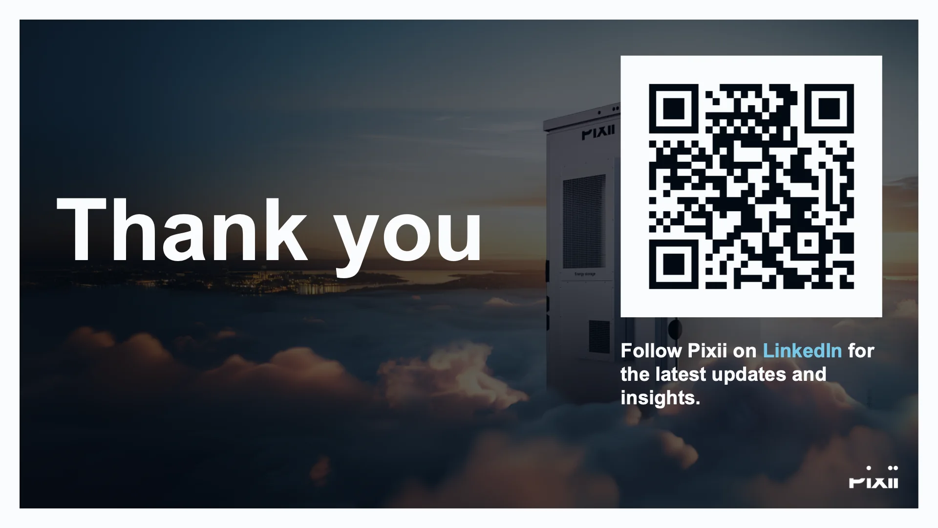The closer: Thank you over the cover photograph under a dark scrim, with the LinkedIn QR card.