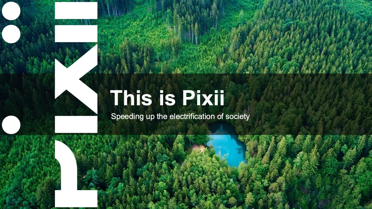 A cover from Pixii’s own company deck: This is Pixii, with the wordmark band on the left over a forest photo.
