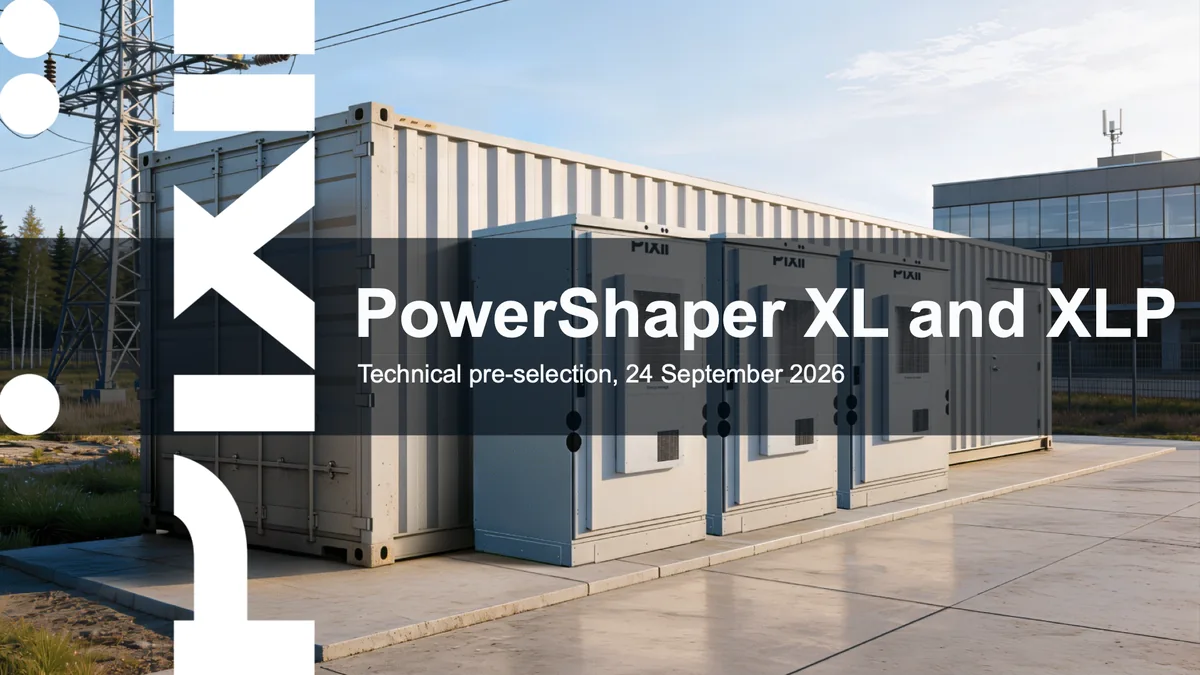 A cover made by the system: PowerShaper XL and XLP, technical pre-selection, with the same wordmark band and title band over a photo of Pixii cabinets.
