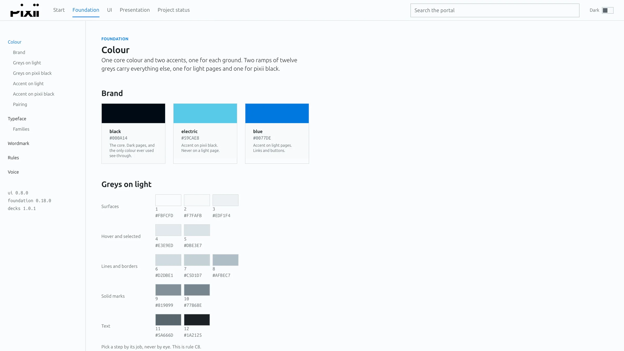 The portal’s colour page on a big screen: the side nav, the three brand colours and the grey ramp for light pages.