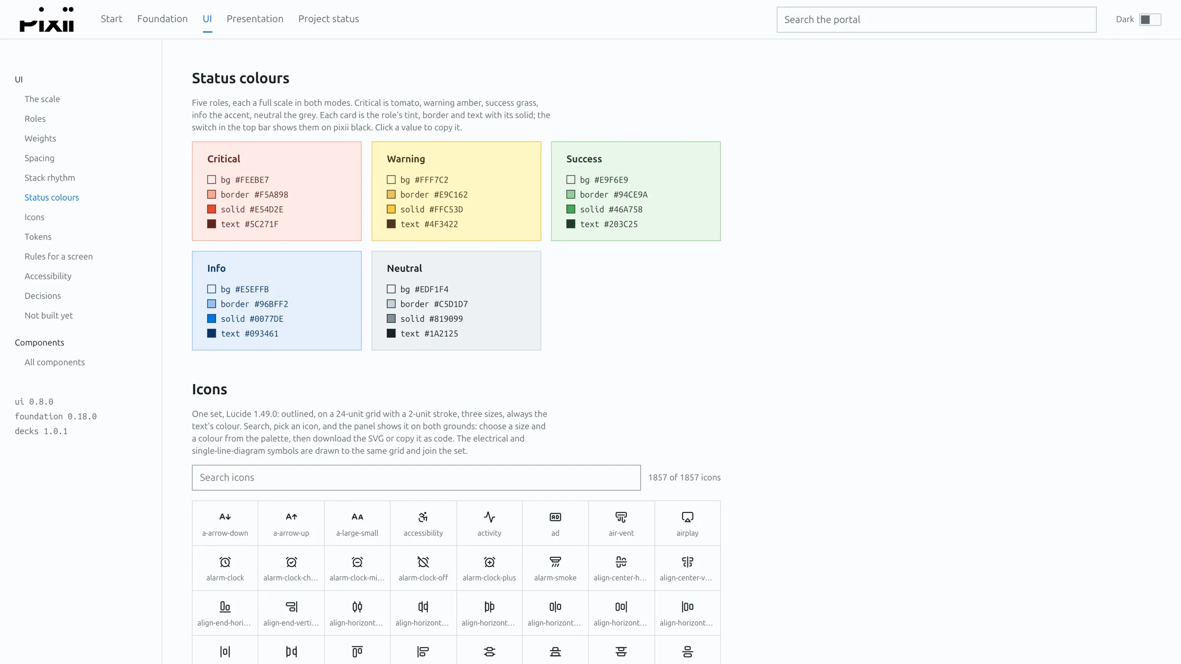 The status colours, each with background, border, solid and text, above the icon set.