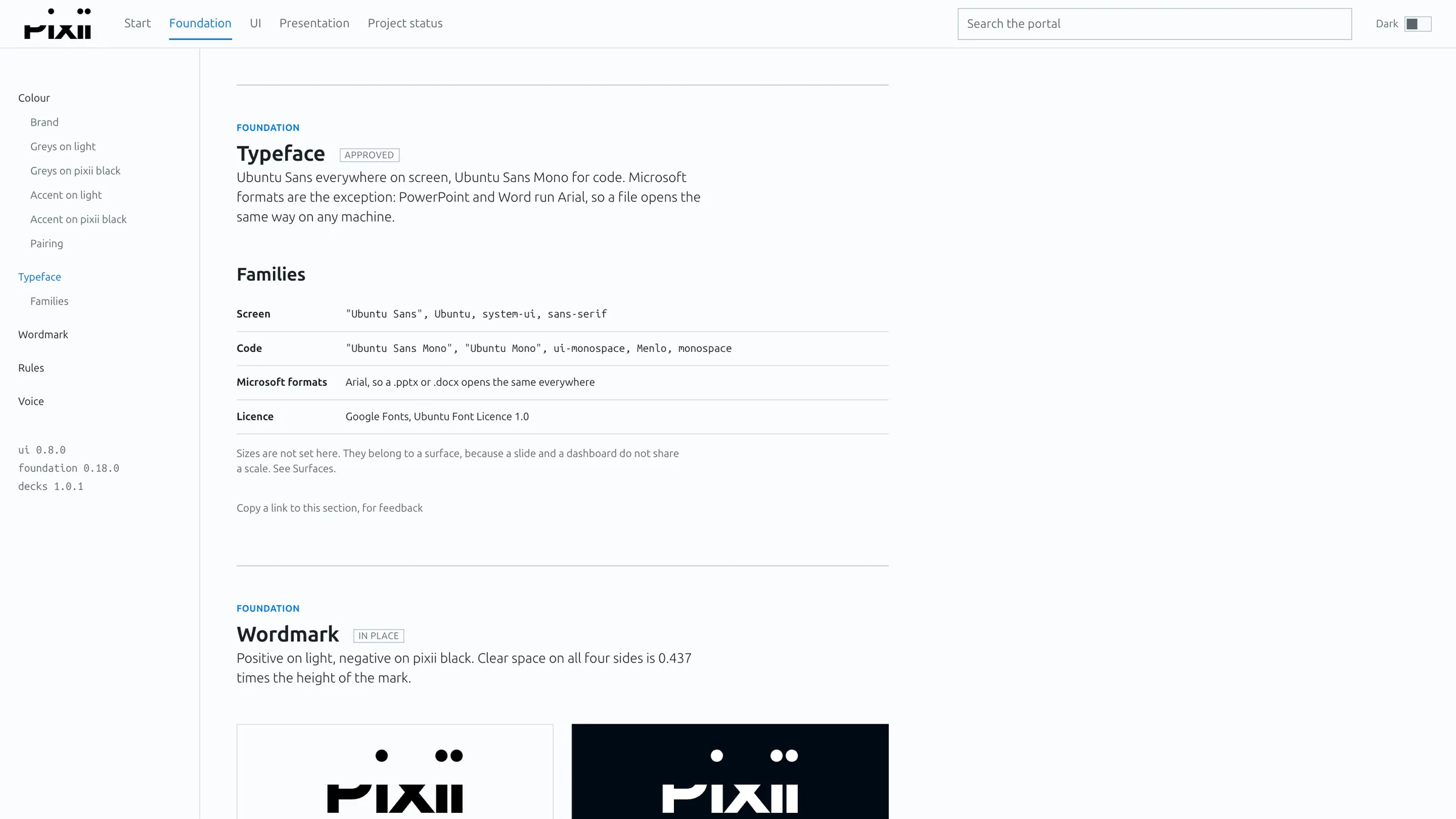 The typeface and font families for screen, code and Microsoft formats, above the wordmark.