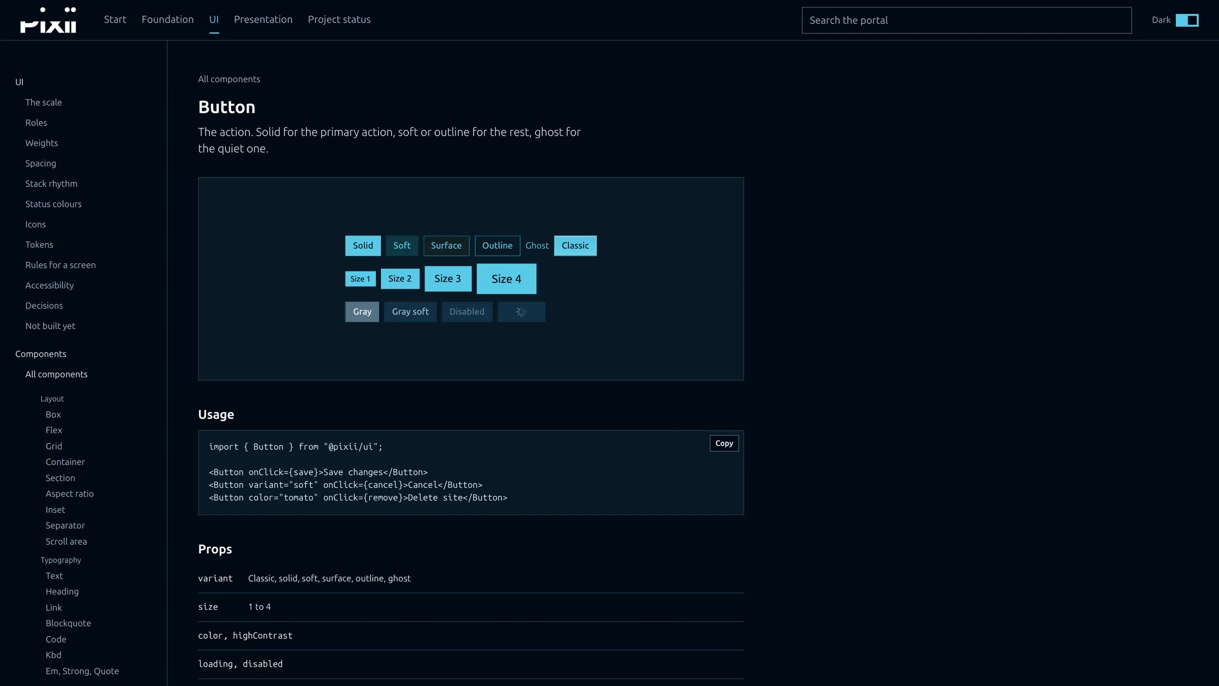 A live component page: the buttons rendered from the package, how to use them and their props.
