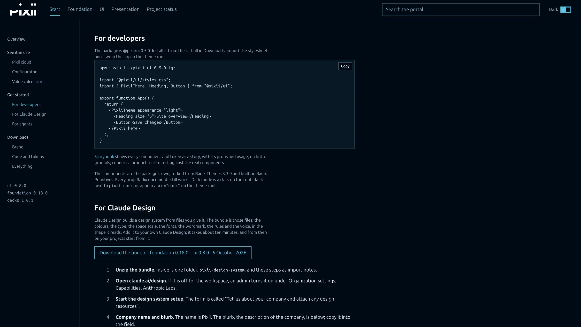 Getting started for developers and for Claude Design.