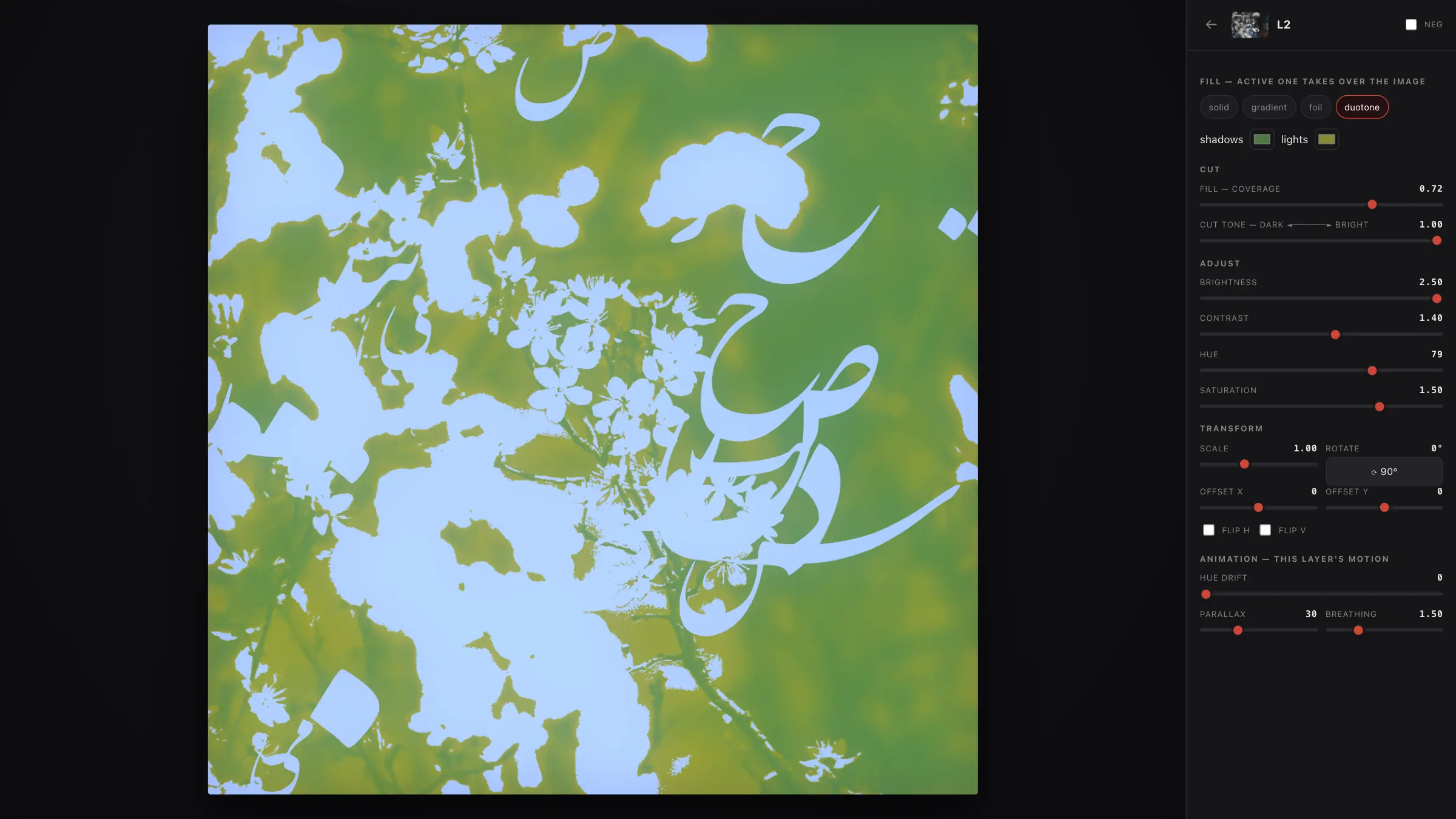 One layer on its own: the part of a photograph the cut keeps, set in two tones, with letters cut through it. Its controls on the right: the cut, colour, size, angle and its own motion.