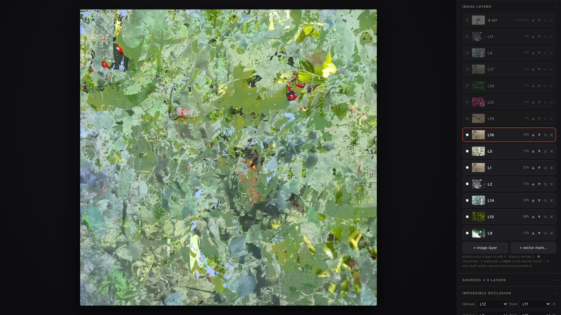 The editor with the back 7 layers of Sayeh switched on, the newest one outlined in the layer list.