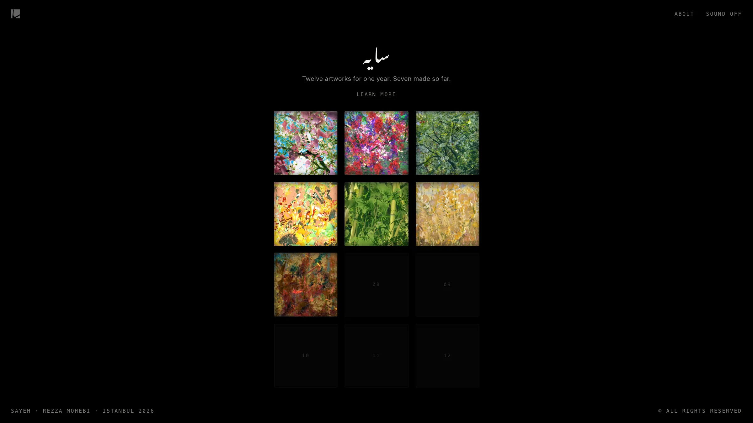 The wall: twelve squares for twelve months, seven of them made so far, under the title سایه.